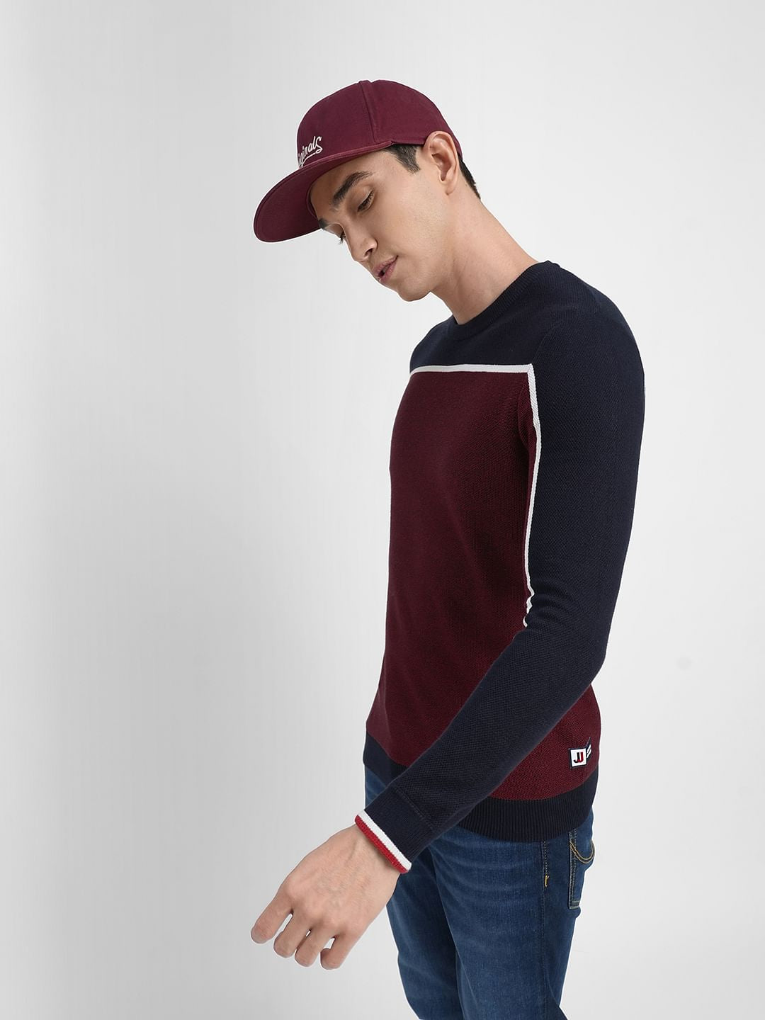 Dark Red Colourblocked Cotton Pullover - S