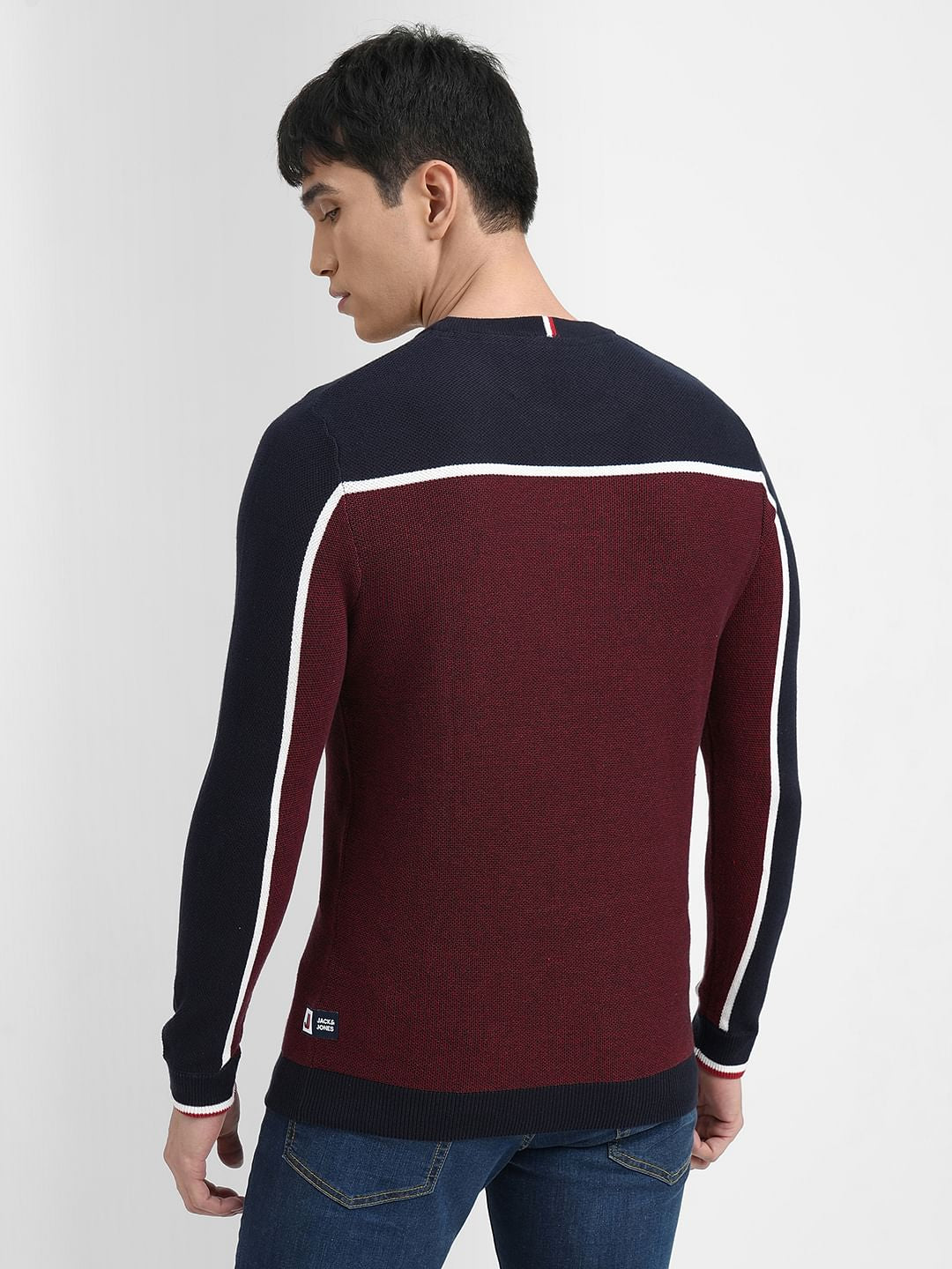 Dark Red Colourblocked Cotton Pullover