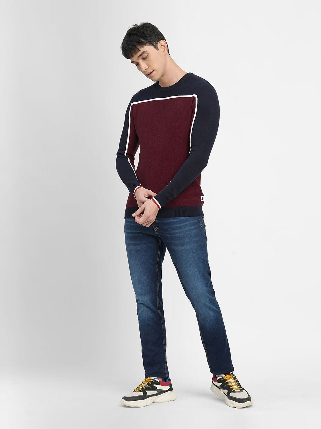 Dark Red Colourblocked Cotton Pullover
