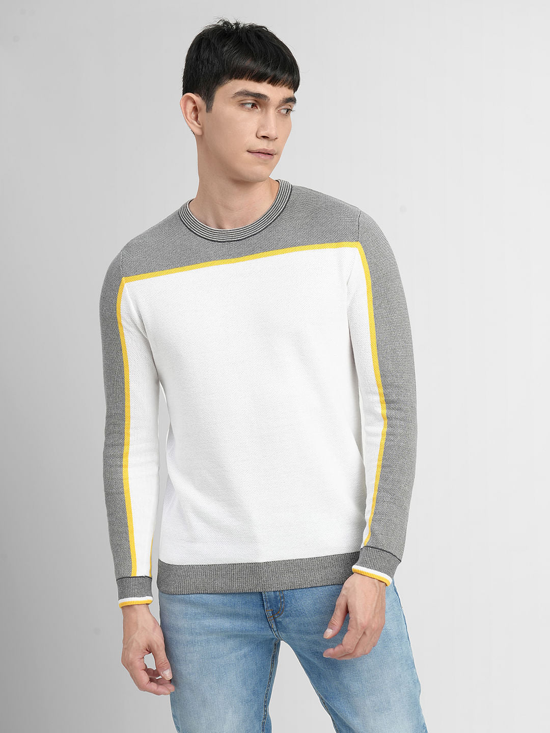 White Colourblocked Cotton Pullover