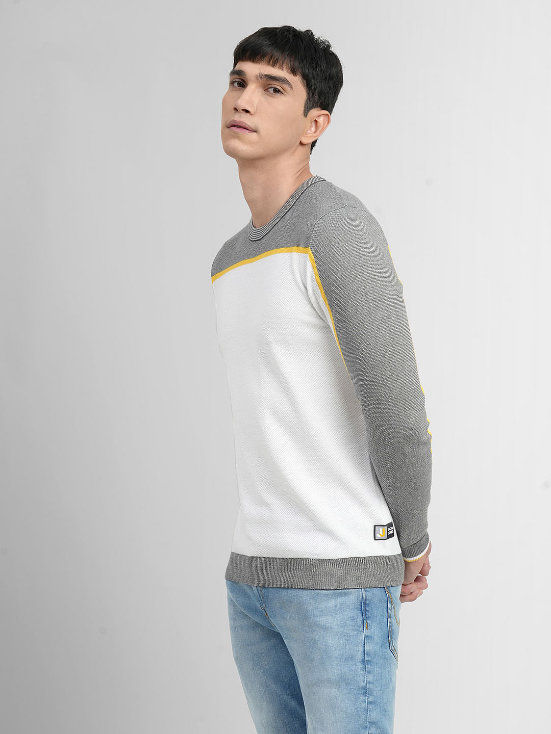 White Colourblocked Cotton Pullover