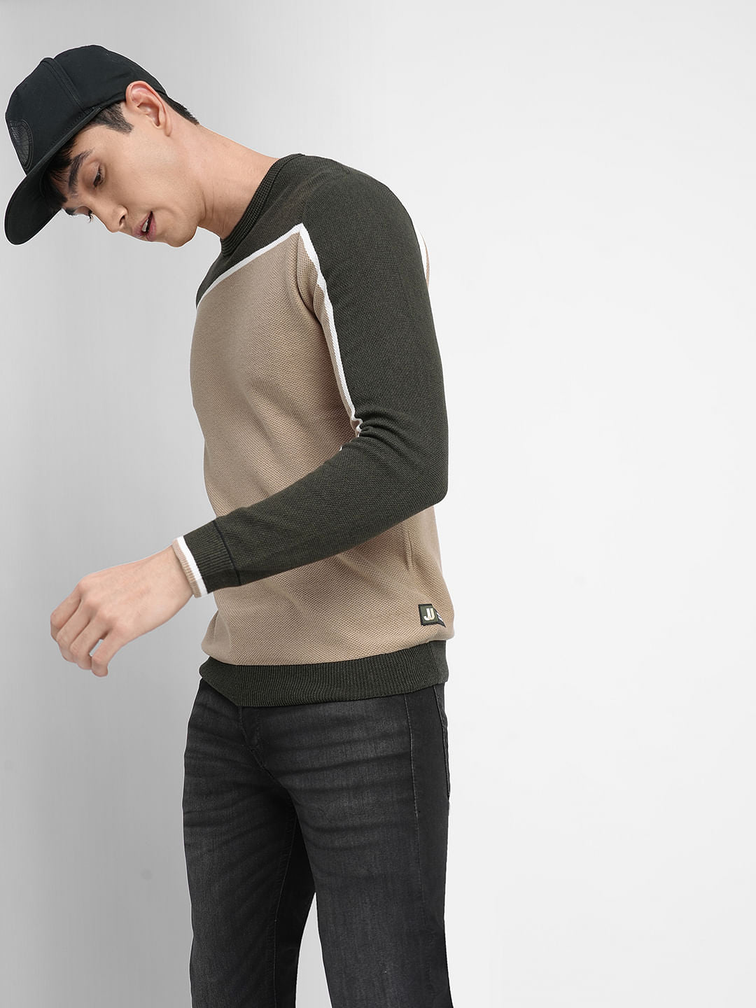 Grey Colourblocked Cotton Pullover - S