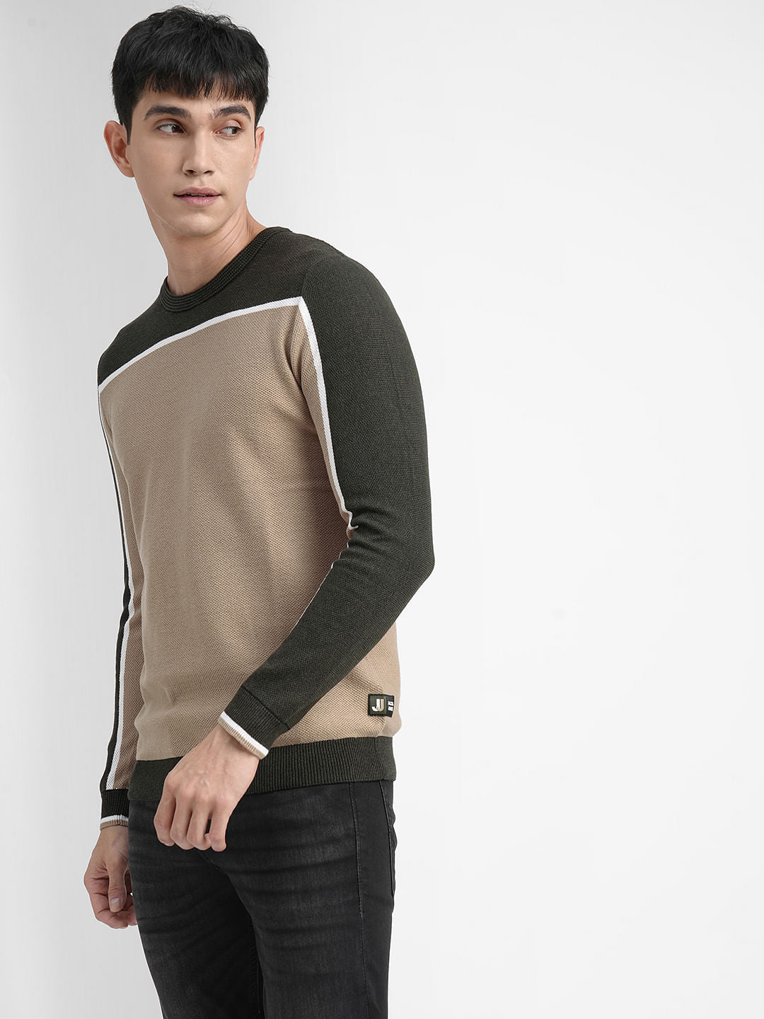 Grey Colourblocked Cotton Pullover