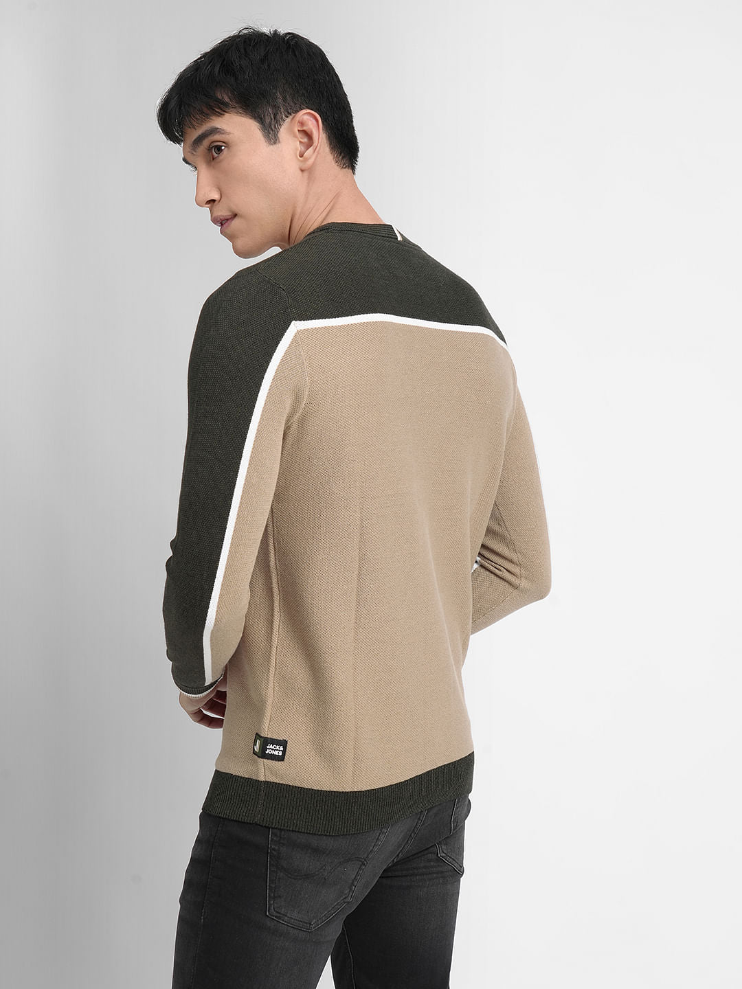 Grey Colourblocked Cotton Pullover