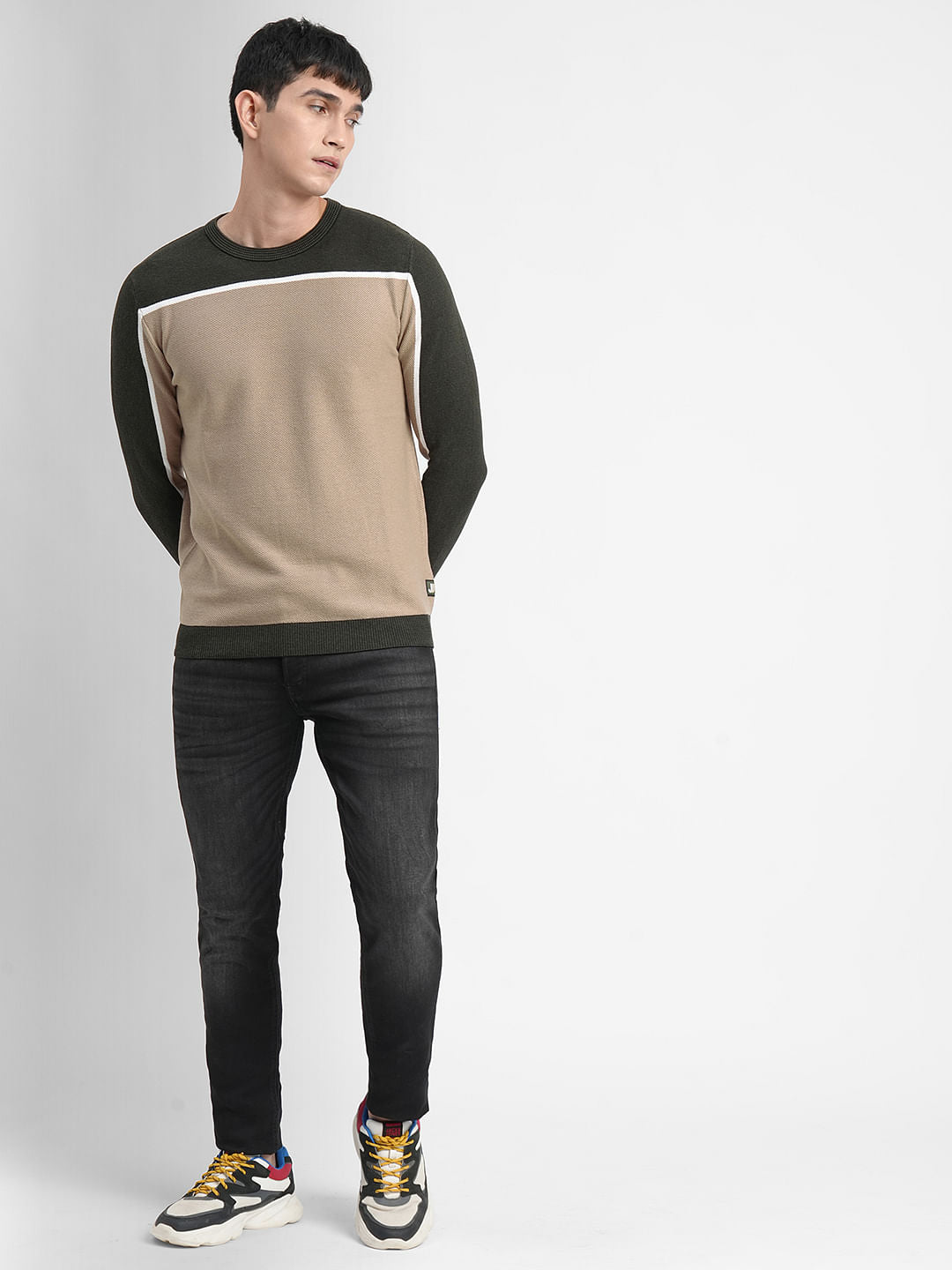 Grey Colourblocked Cotton Pullover
