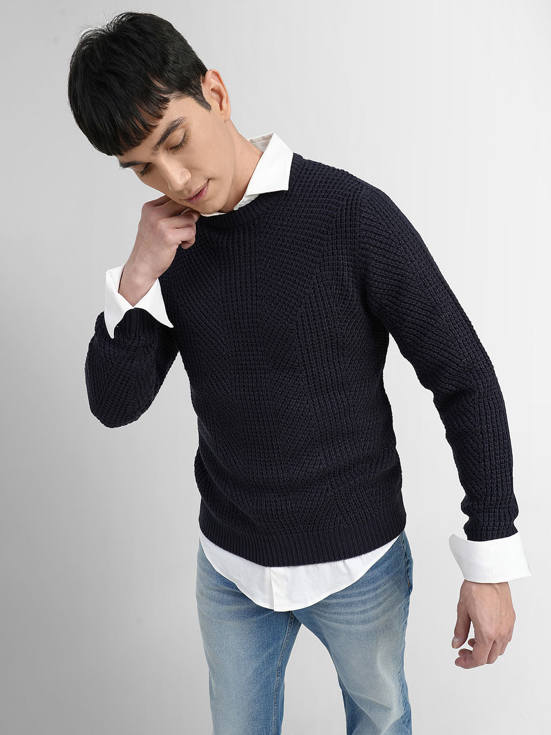 Navy Blue Textured Pullover
