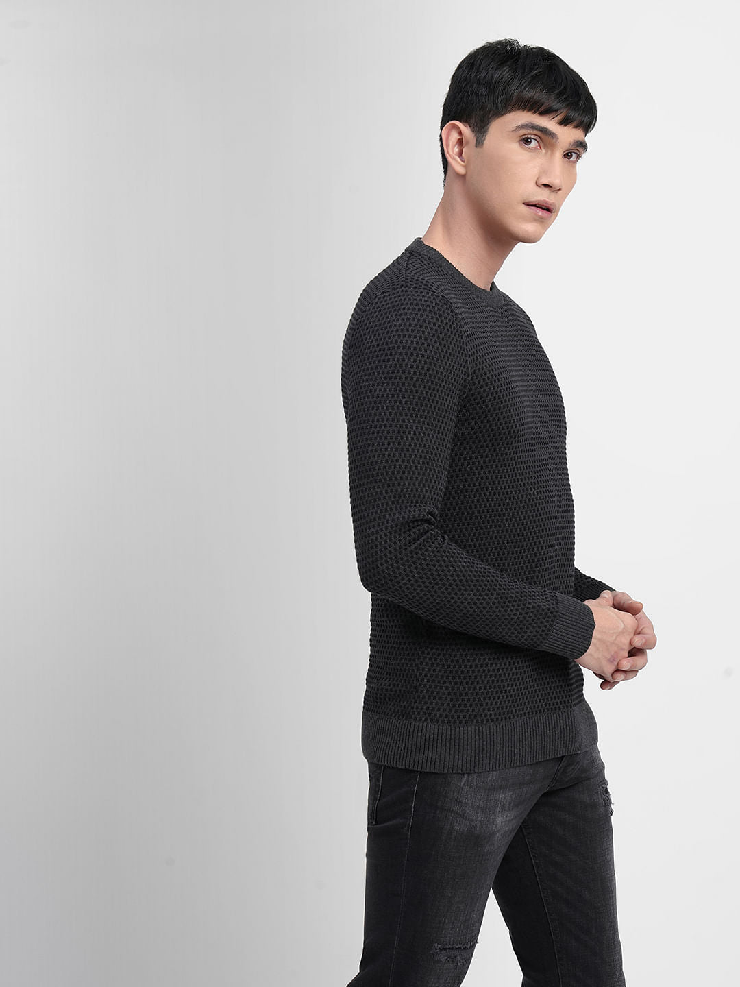 Dark Grey Textured Cotton Sweater