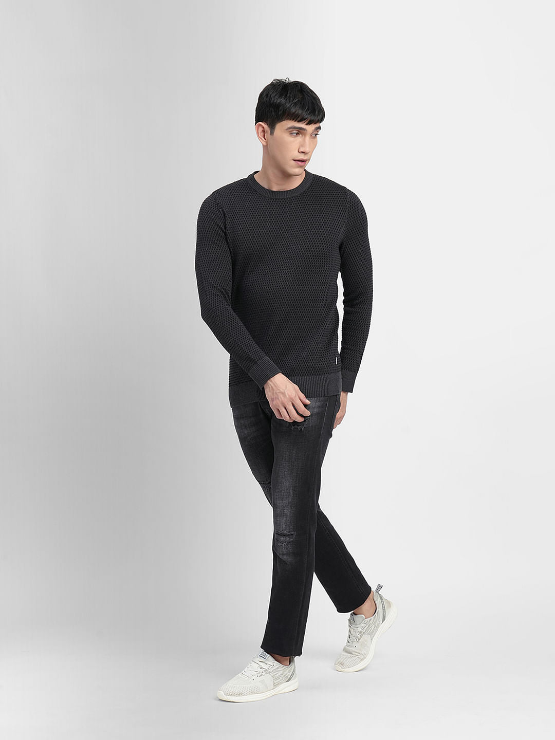 Dark Grey Textured Cotton Sweater
