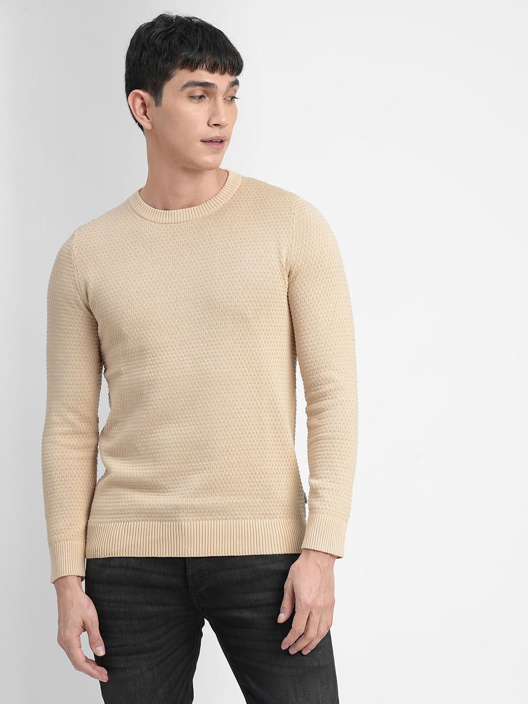 Beige Textured Cotton Sweater