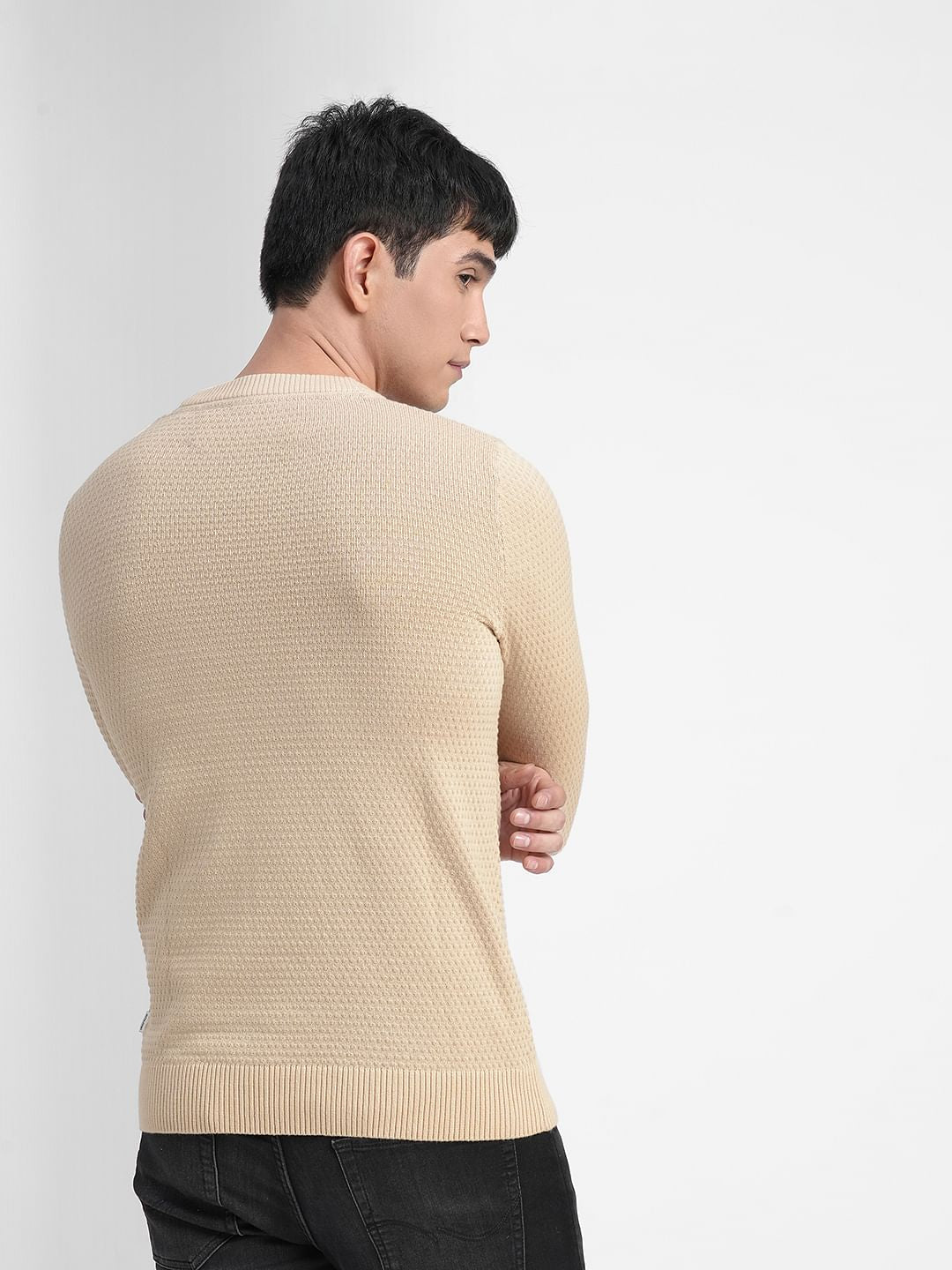 Beige Textured Cotton Sweater