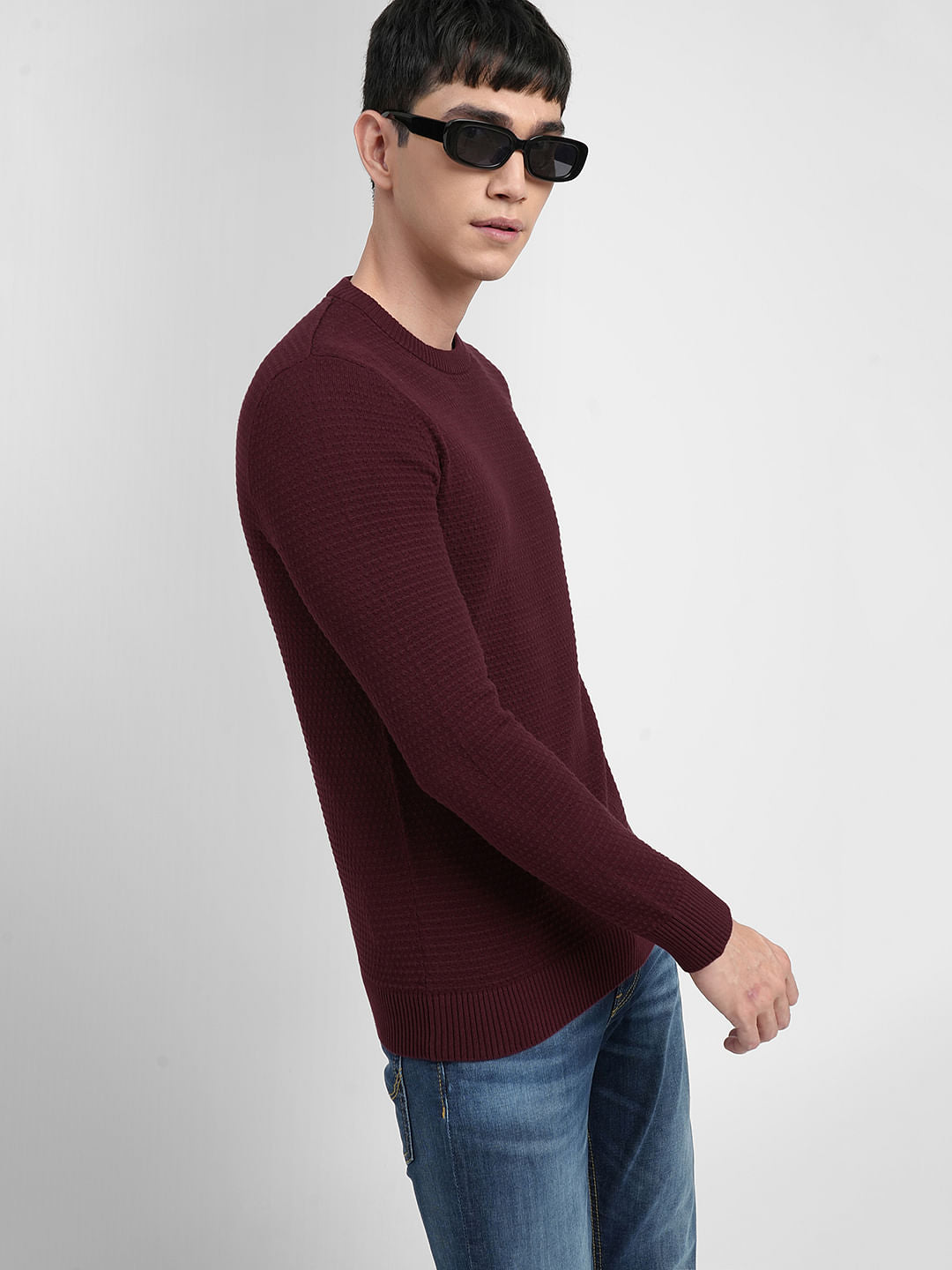 Maroon Textured Cotton Sweater - S