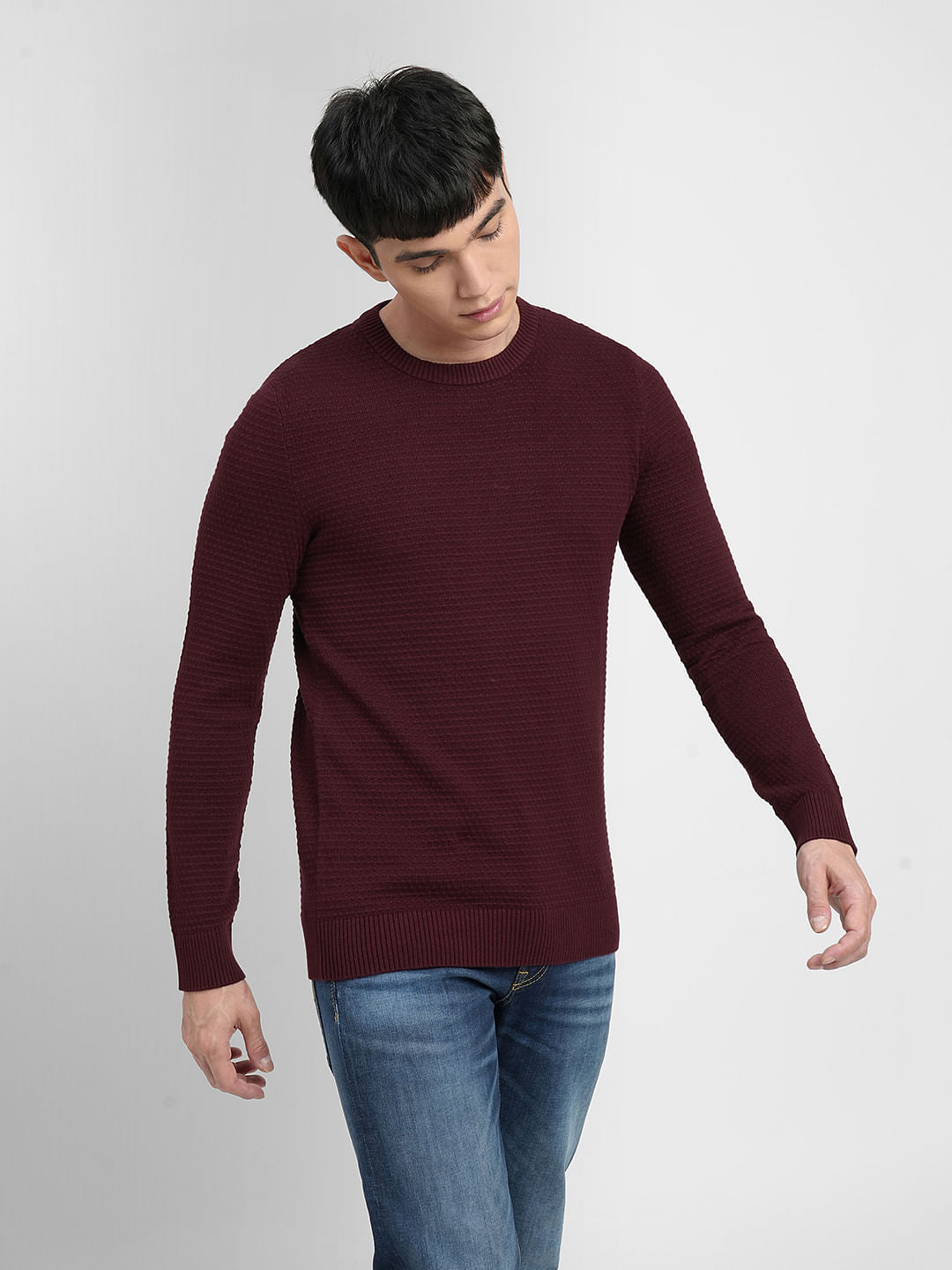 Maroon Textured Cotton Sweater