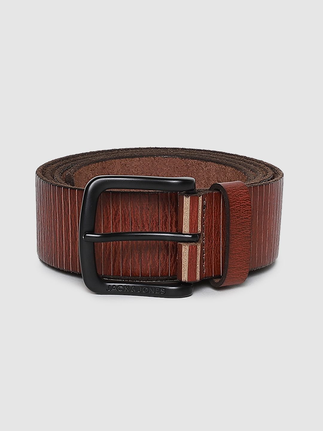 Brown Vertical Striped Leather Belt - 32