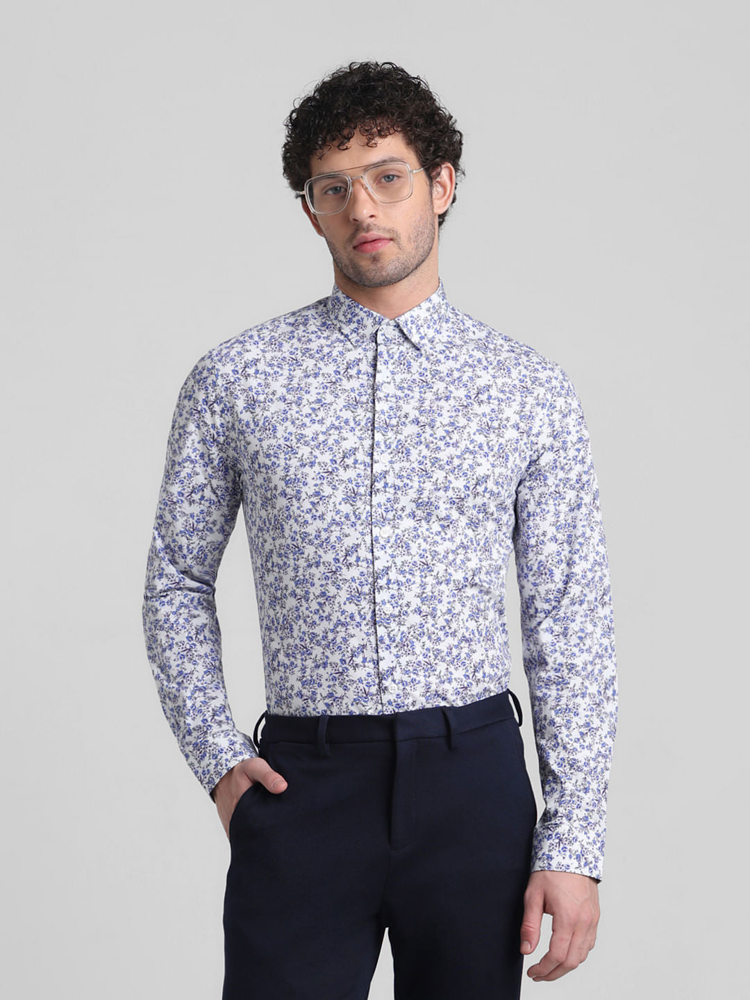 Blue Floral Print Full Sleeves Shirt - S