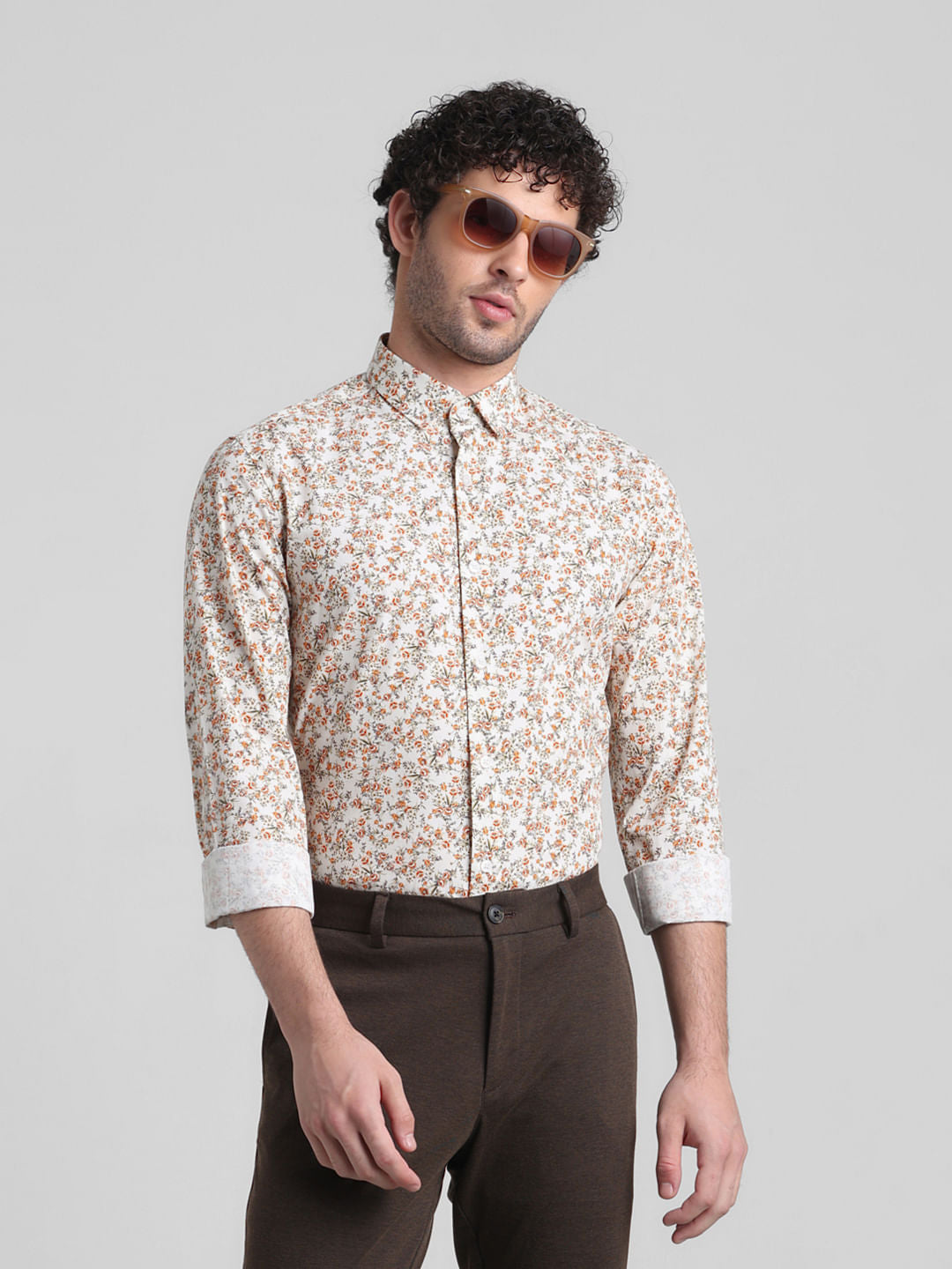 Beige Floral Print Full Sleeves Shirt - XL