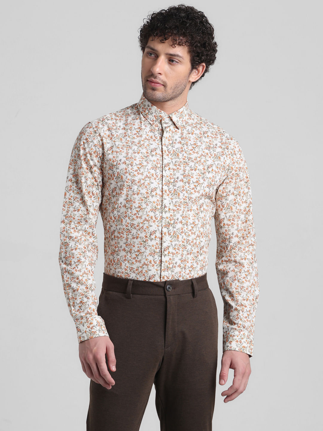 Beige Floral Print Full Sleeves Shirt