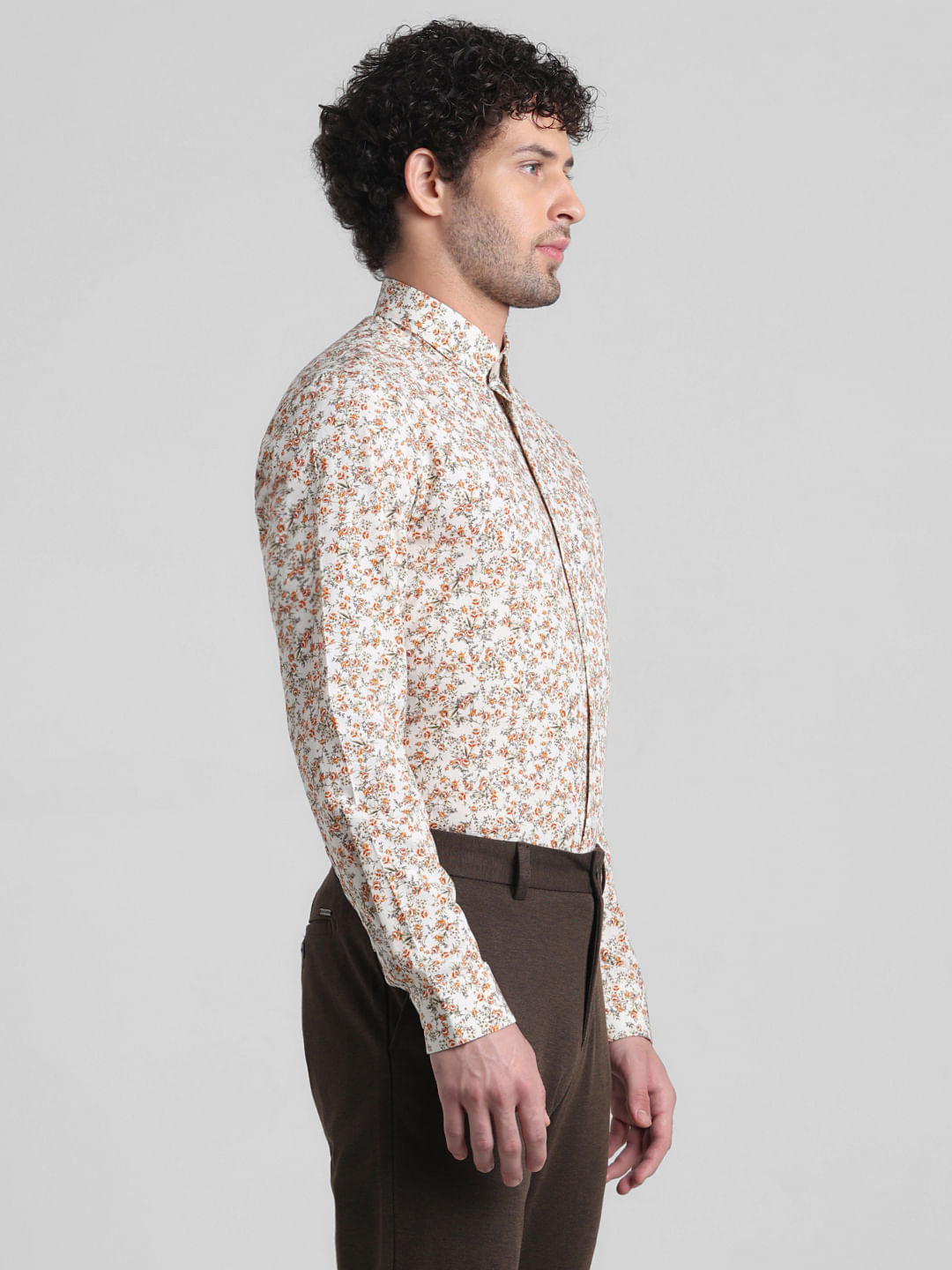 Beige Floral Print Full Sleeves Shirt