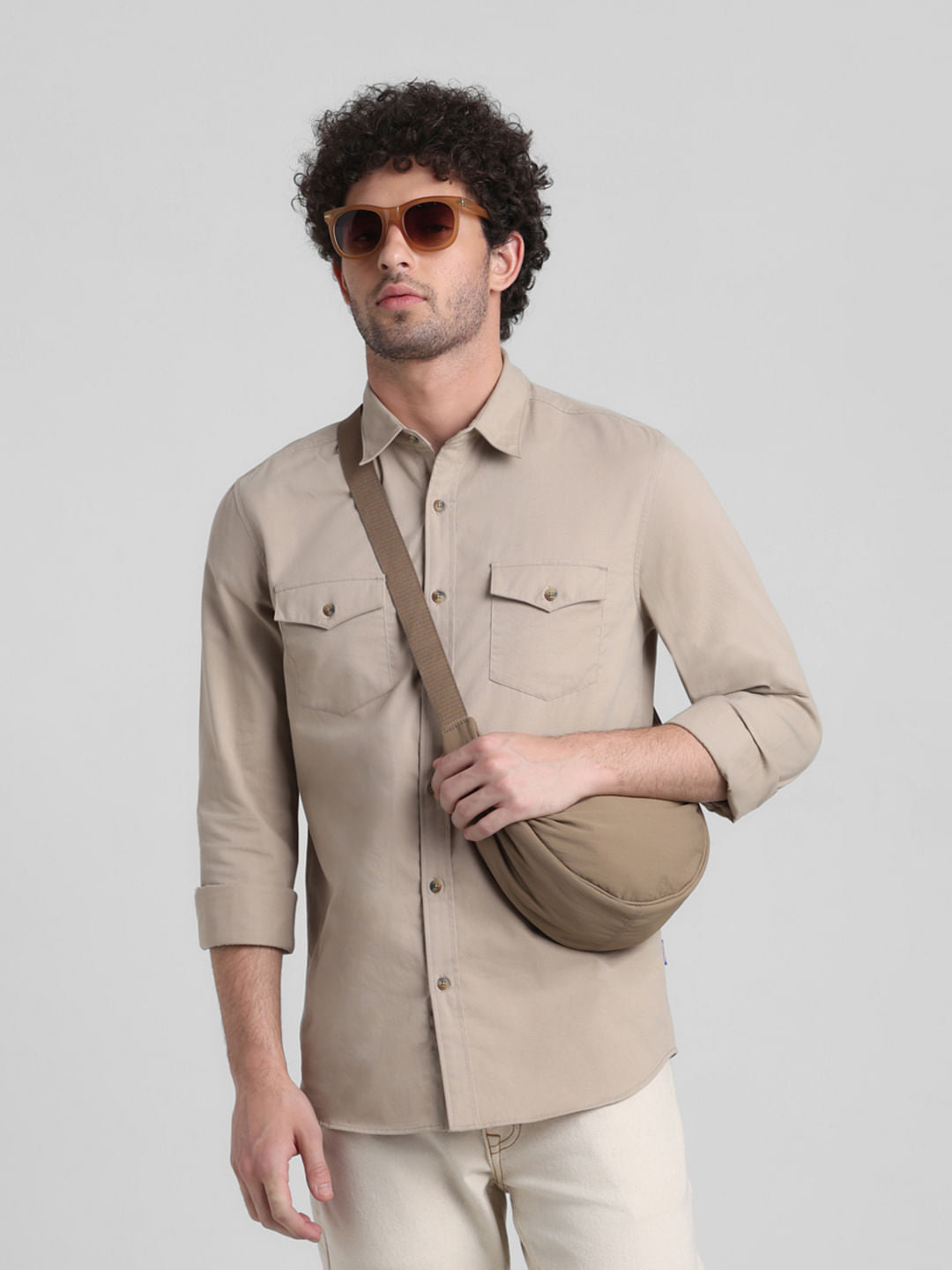 Beige Patch Pocket Cotton Shirt - S