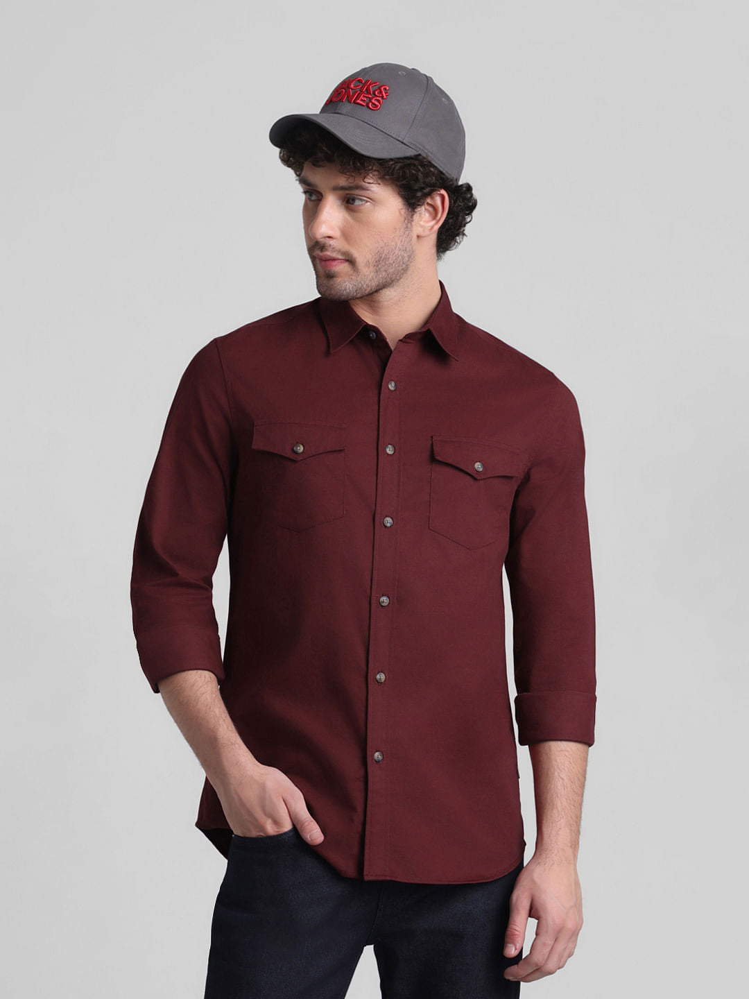 Dark Red Patch Pocket Cotton Shirt - S