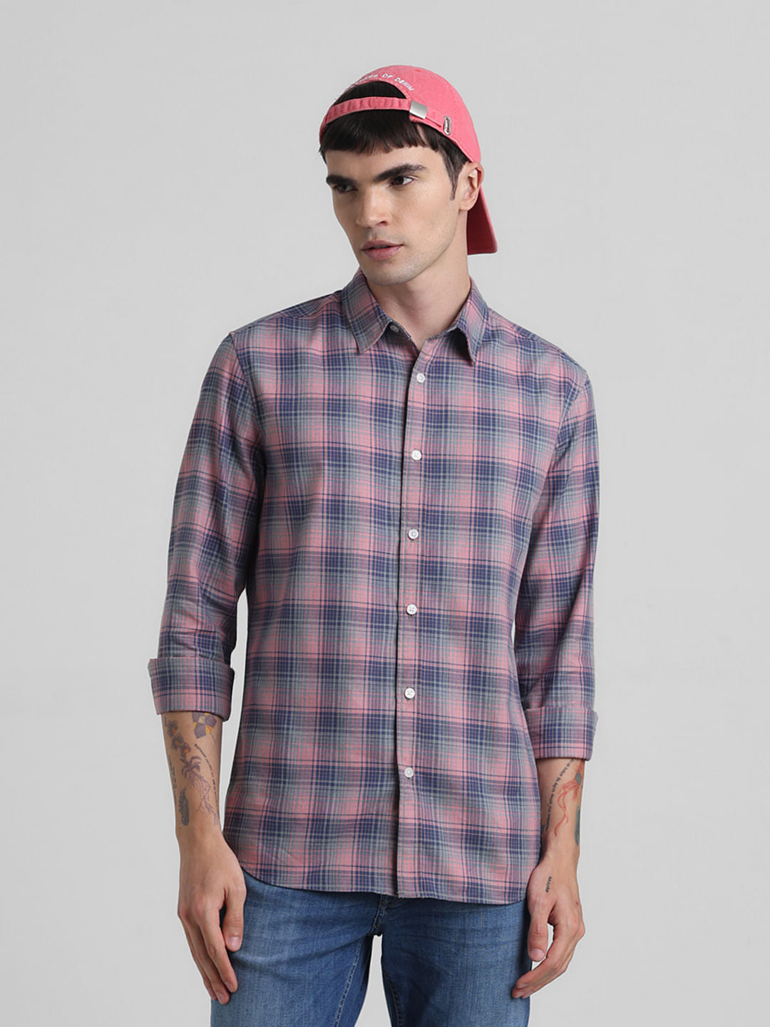 Pink Check Print Full Sleeves Shirt - M