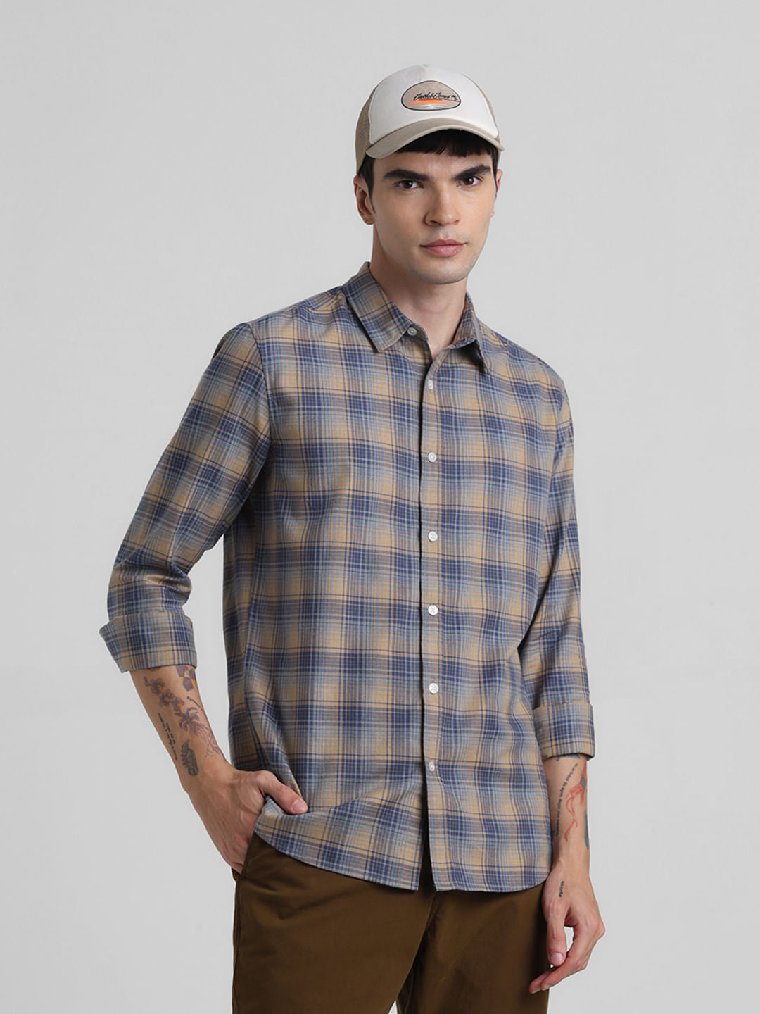 Yellow Check Print Full Sleeves Shirt - S