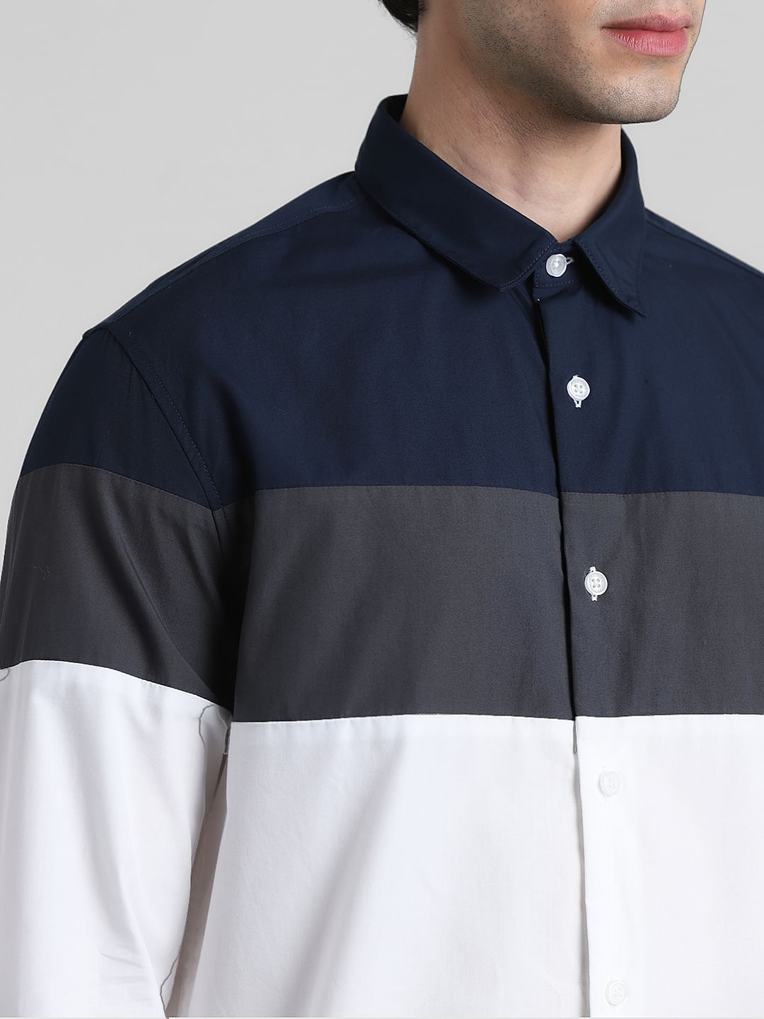 White Colourblocked Cotton Shirt