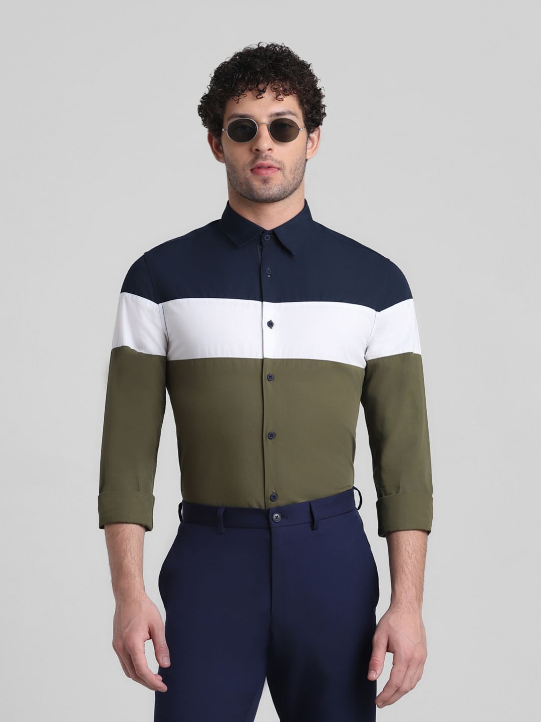 Green Colourblocked Full Sleeves Shirt - L