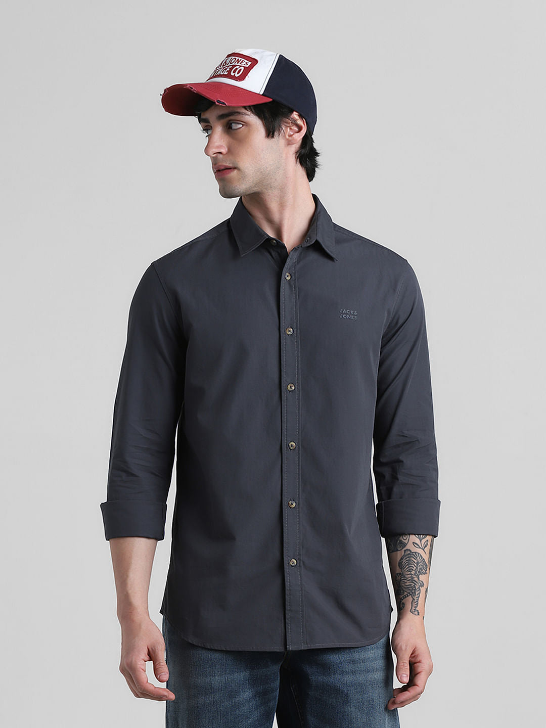 Grey Cotton Full Sleeves Shirt - S