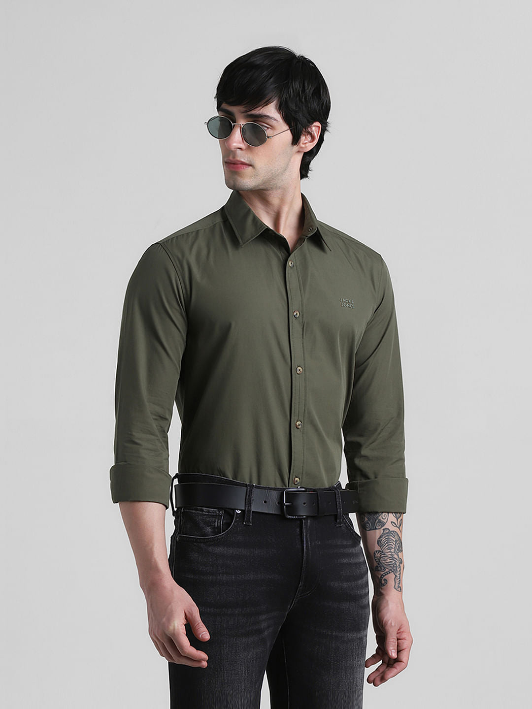 Green Cotton Full Sleeves Shirt - S