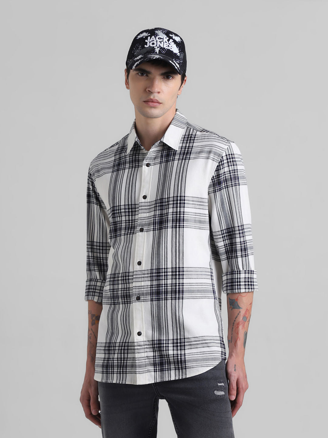 White Check Print Full Sleeves Shirt - S