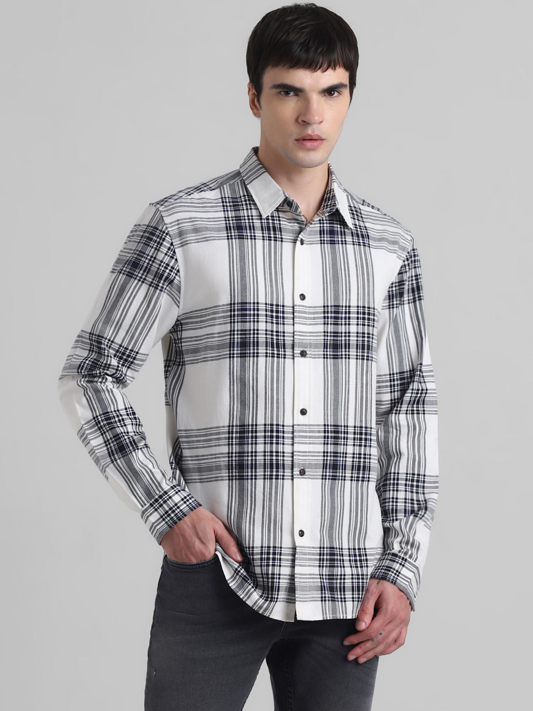 White Check Print Full Sleeves Shirt