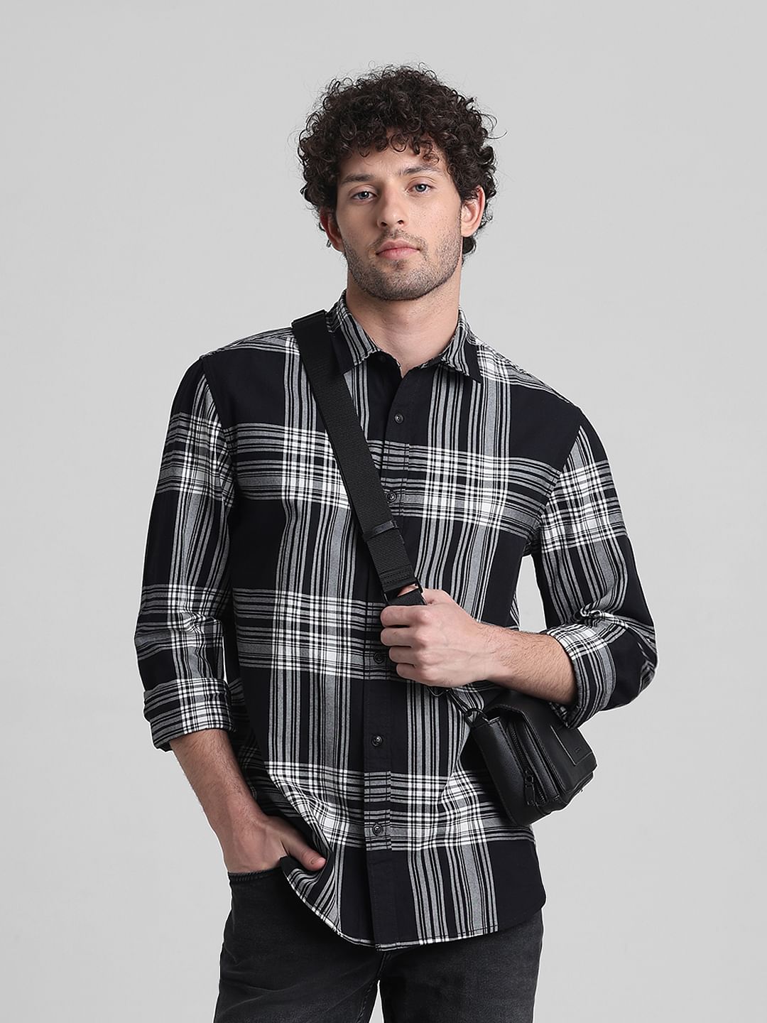 Black Check Print Full Sleeves Shirt - XXL