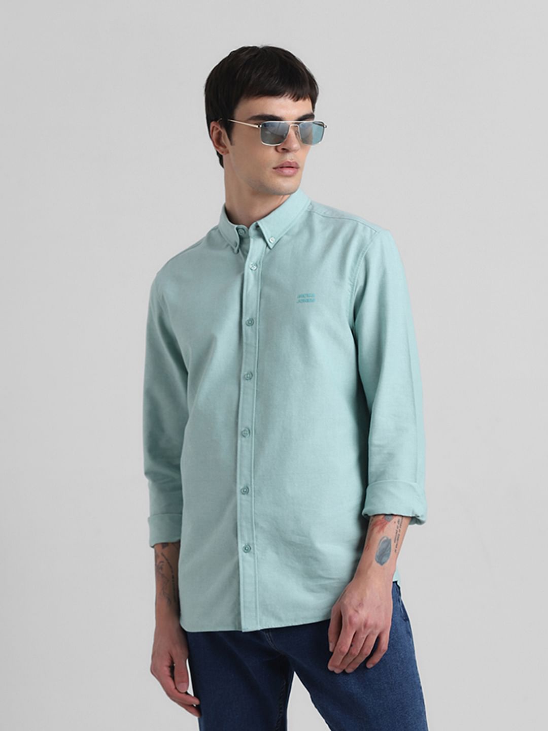 Green Cotton Full Sleeves Shirt - S