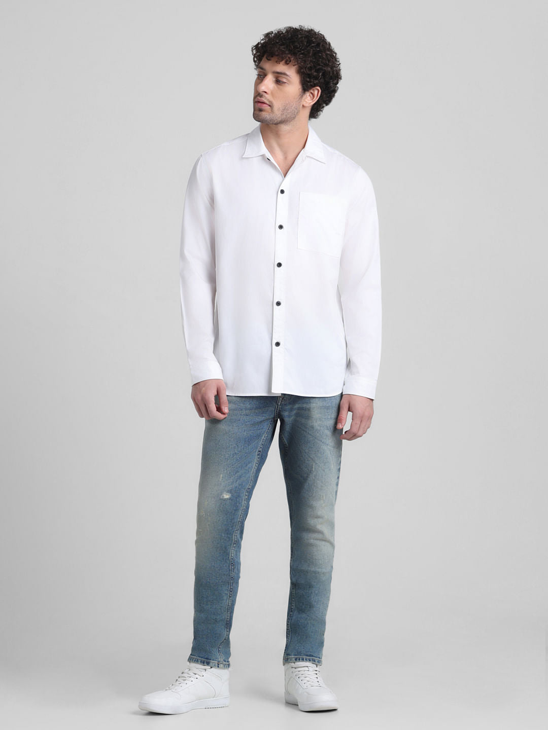 White Placement Print Cotton Shirt