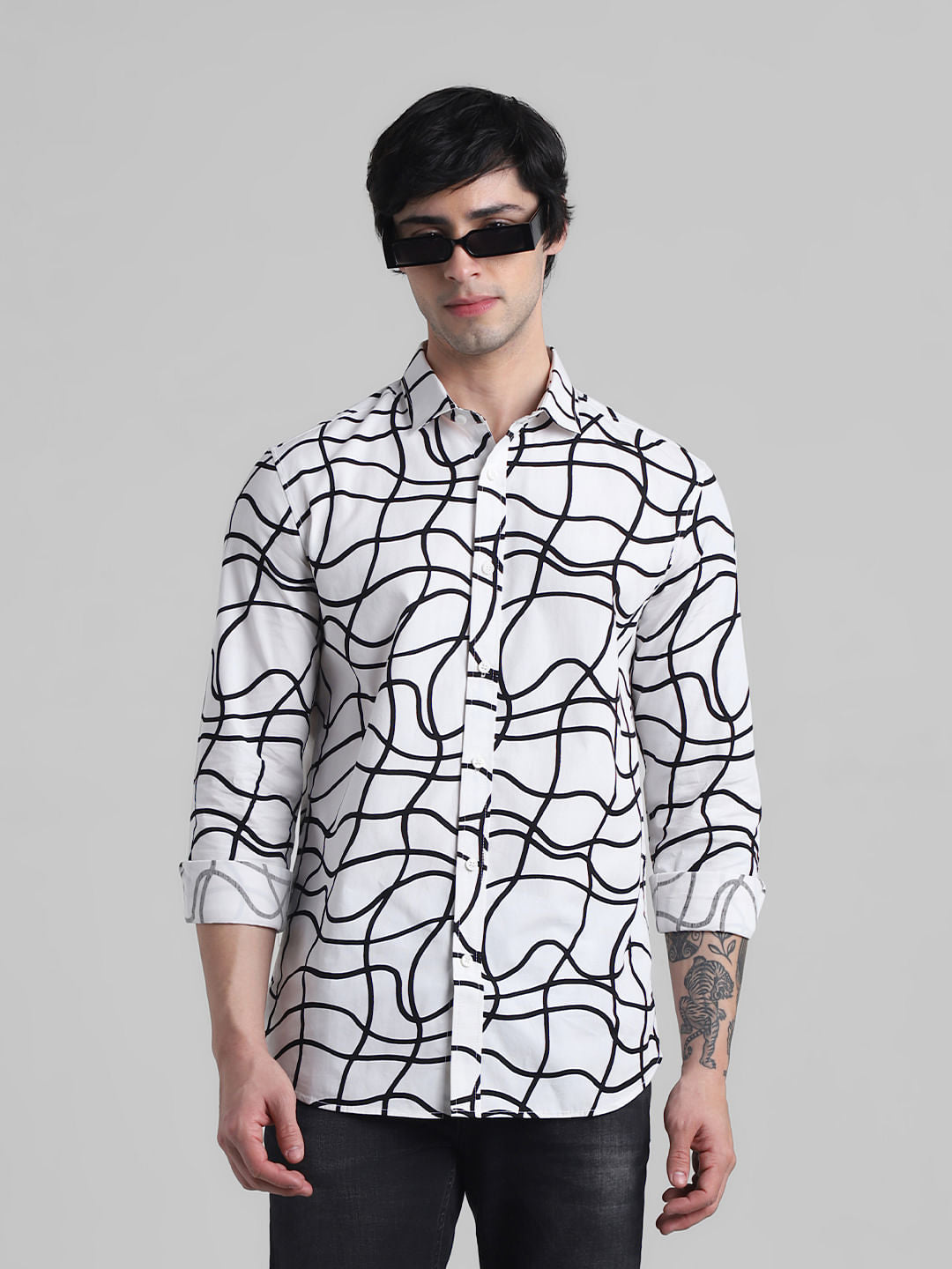 White Abstract Print Cotton Shirt - S