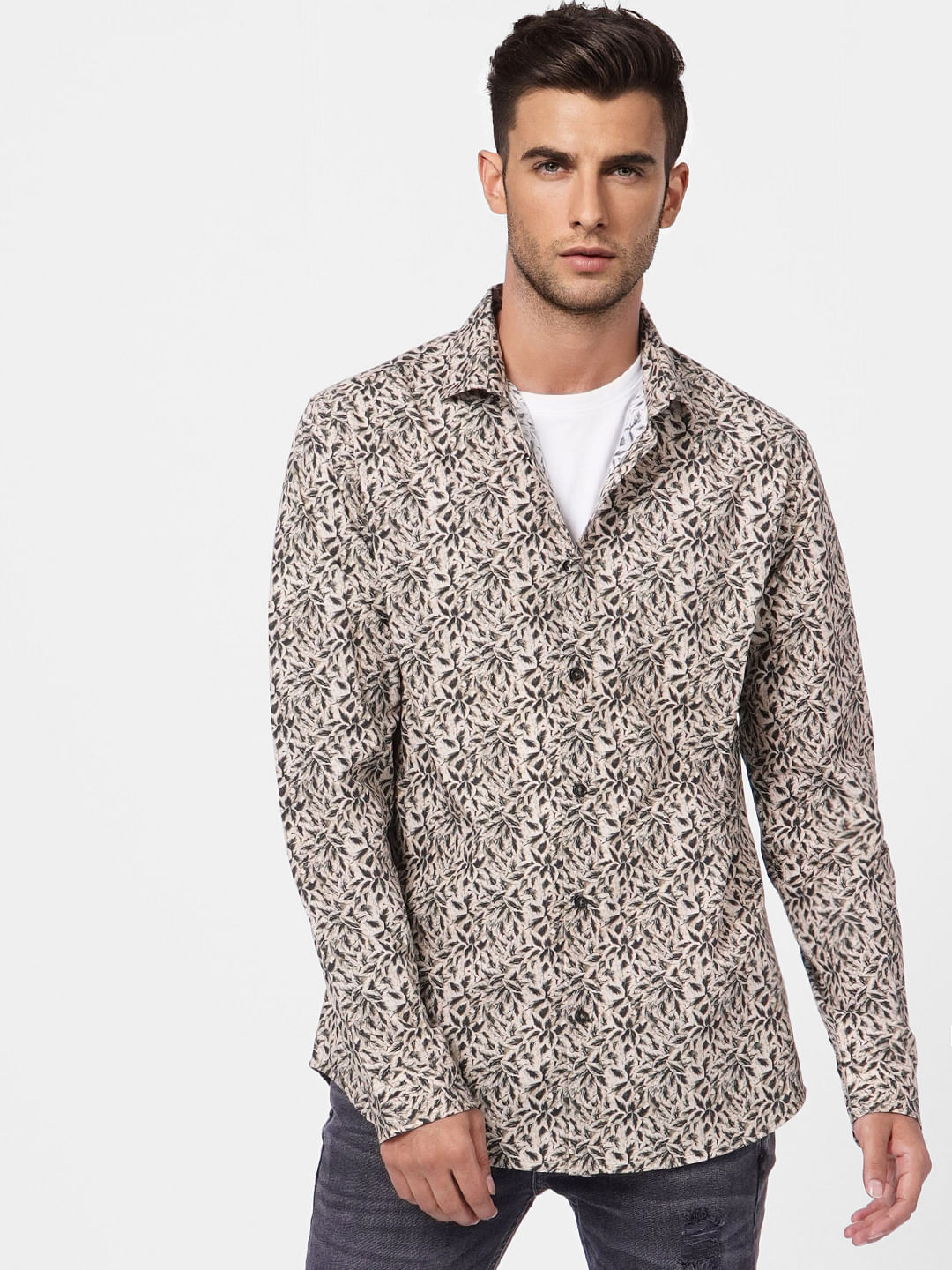 Brown Tropical Print Full Sleeves Shirt - S