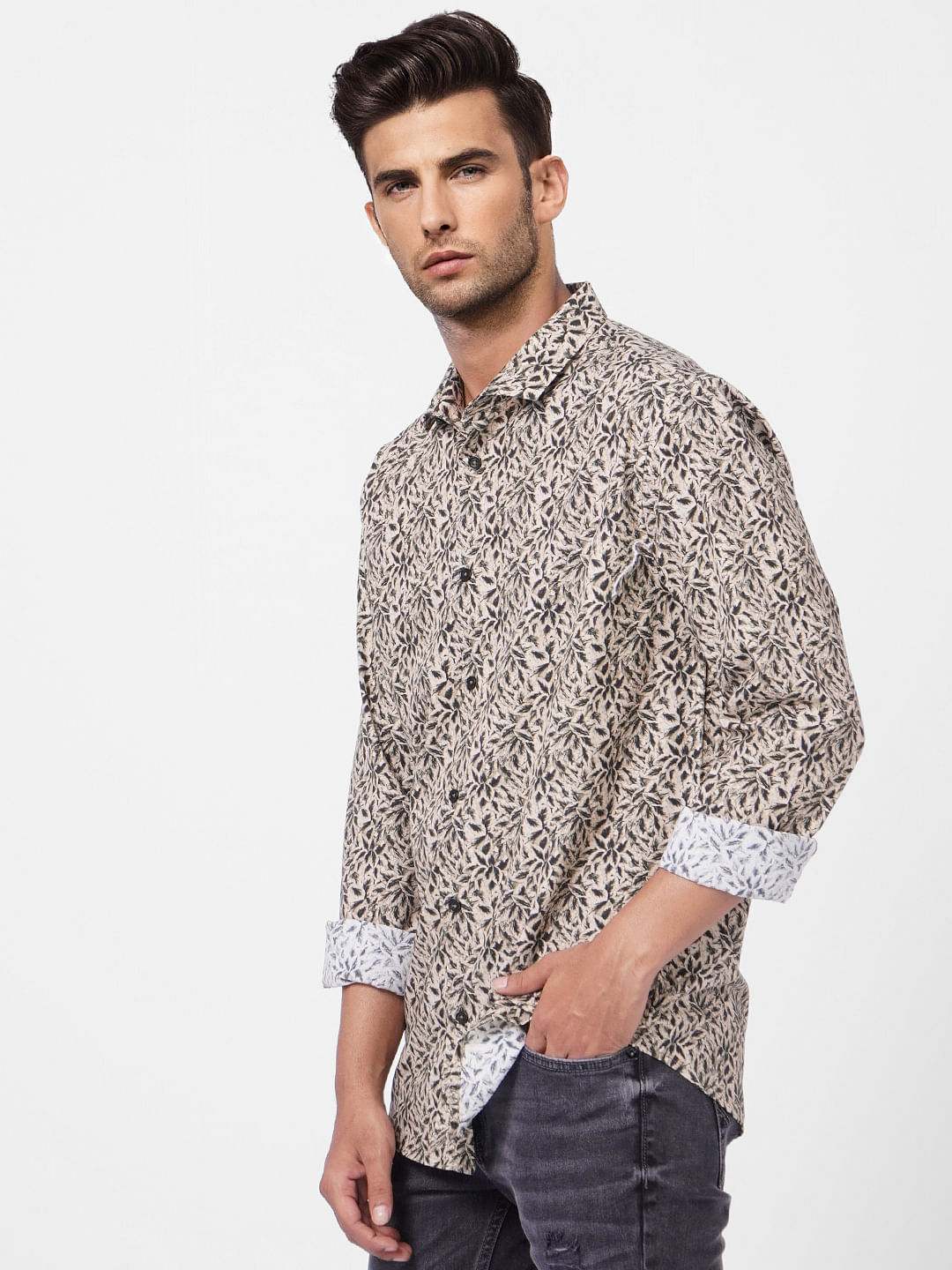 Brown Tropical Print Full Sleeves Shirt