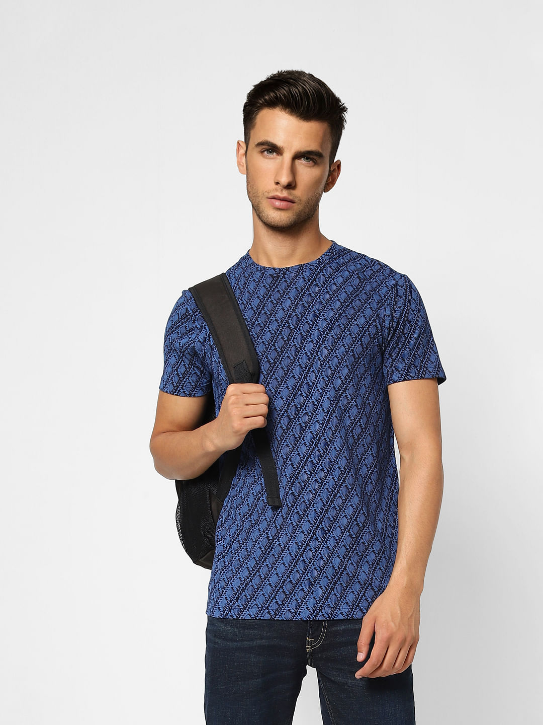 Black & Blue Printed Crew Neck T-shirt - S