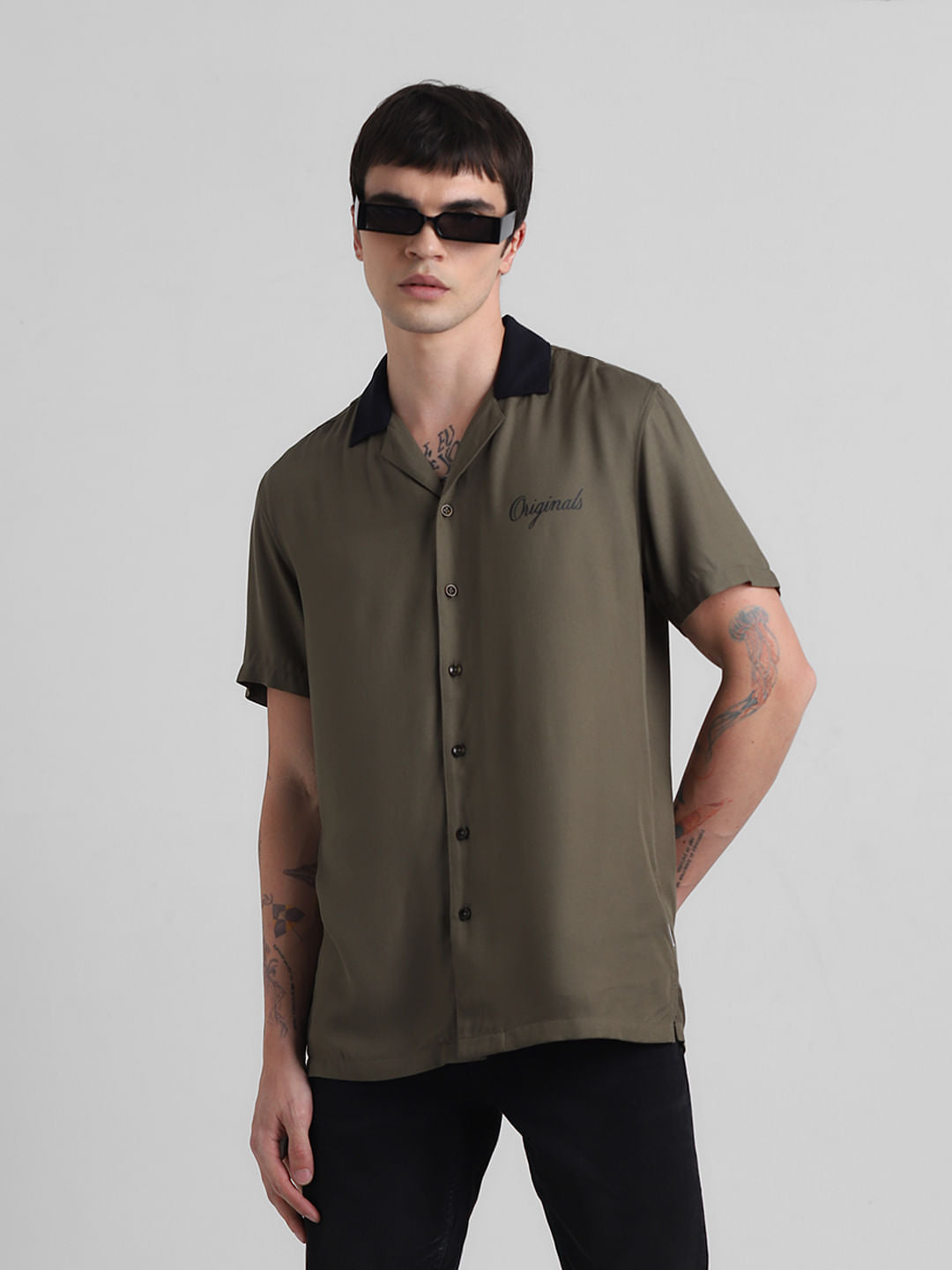 Green Printed Short Sleeves Shirt - S