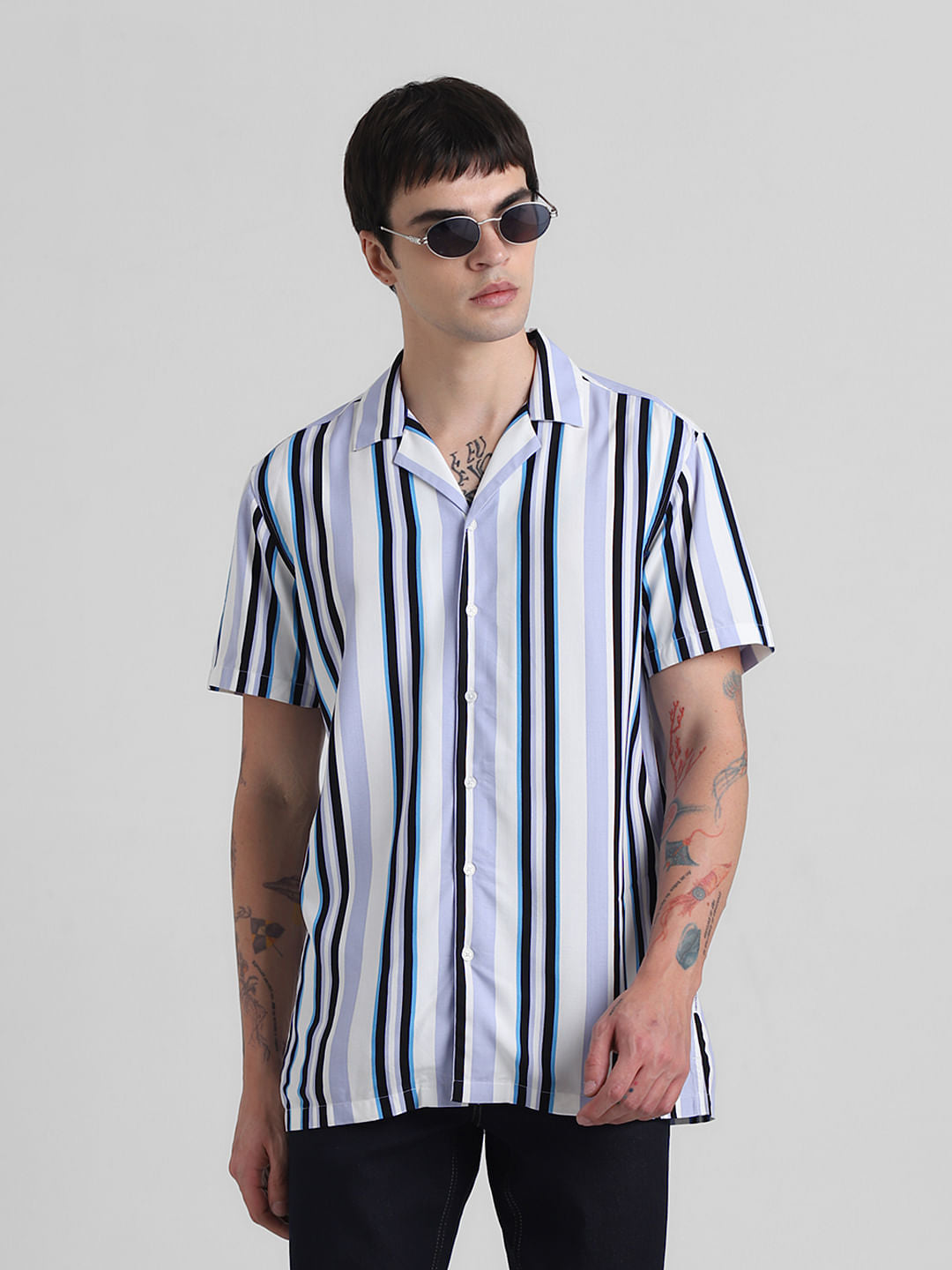 Blue Striped Short Sleeves Shirt - L