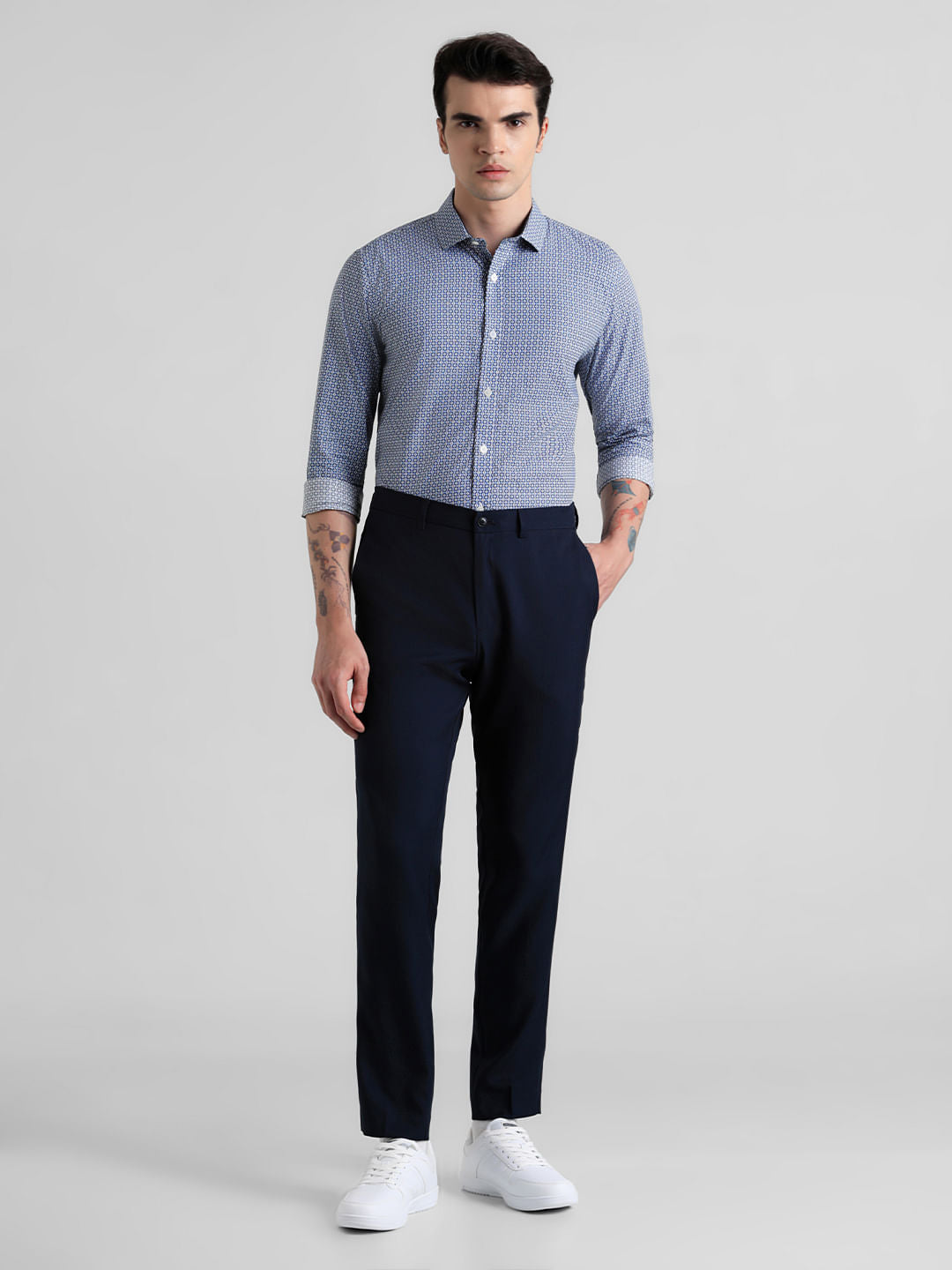 Navy Mid Rise Twill Trousers
