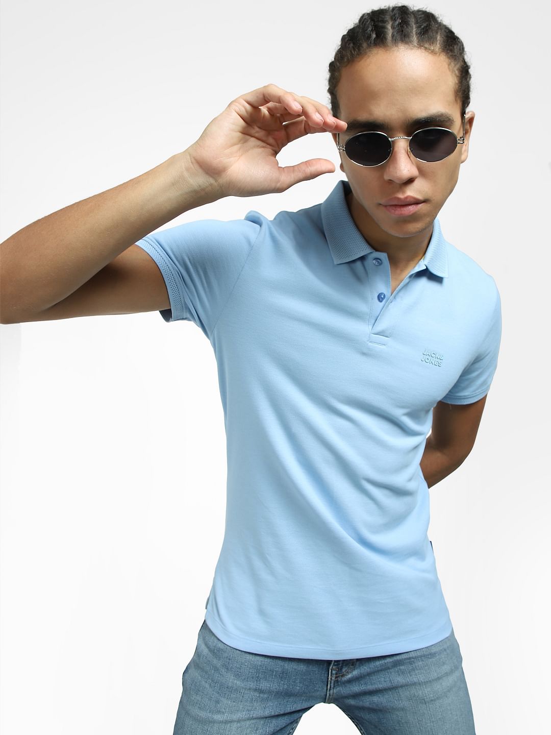 Light Blue Logo Print Polo Neck T-shirt - S
