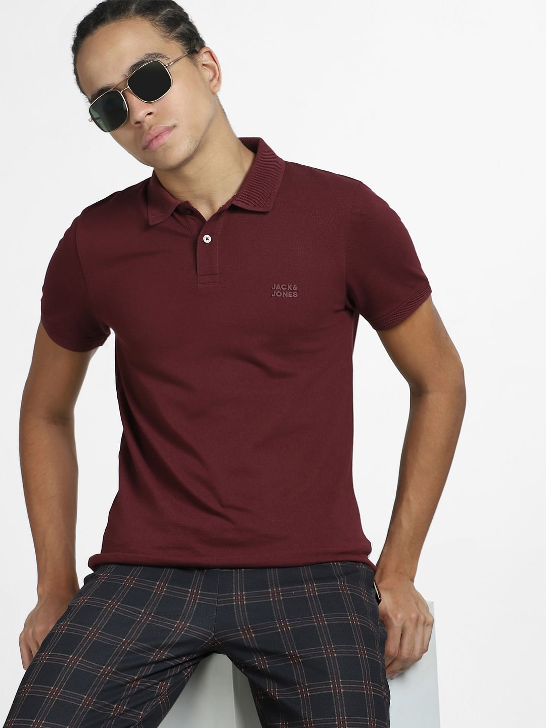 Maroon Logo Print Polo Neck T-shirt - S