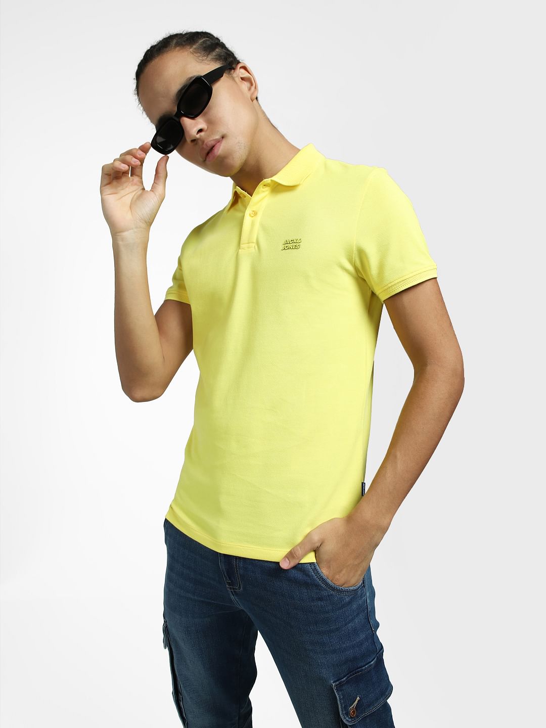 Yellow Logo Print Polo Neck T-shirt - S