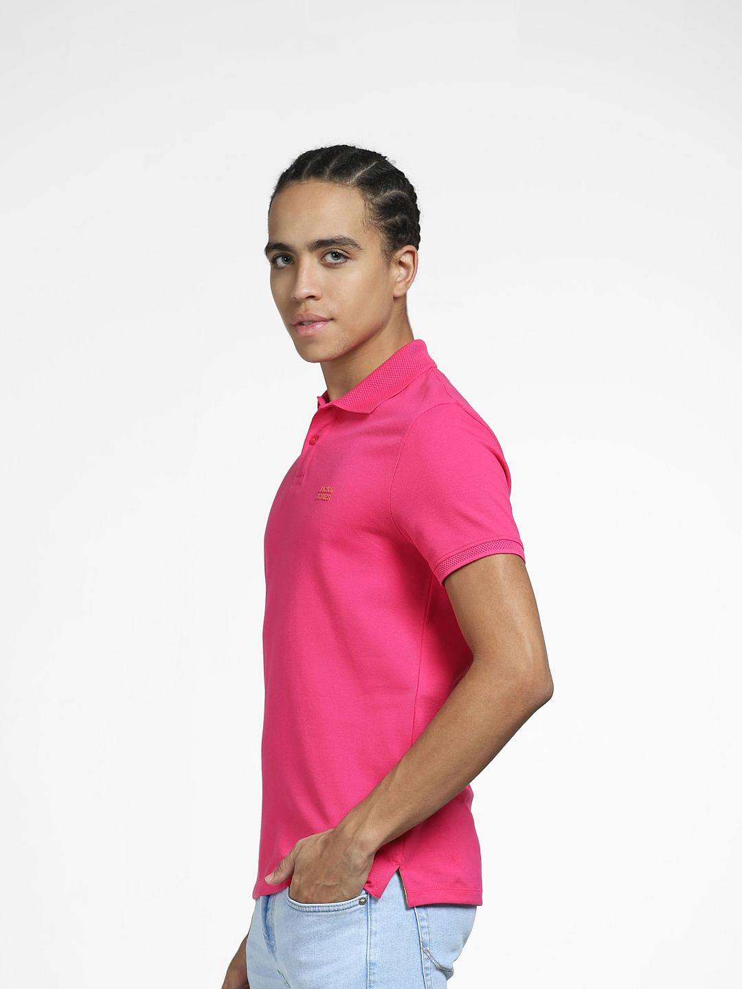 Bright Pink Logo Print Polo Neck T-shirt