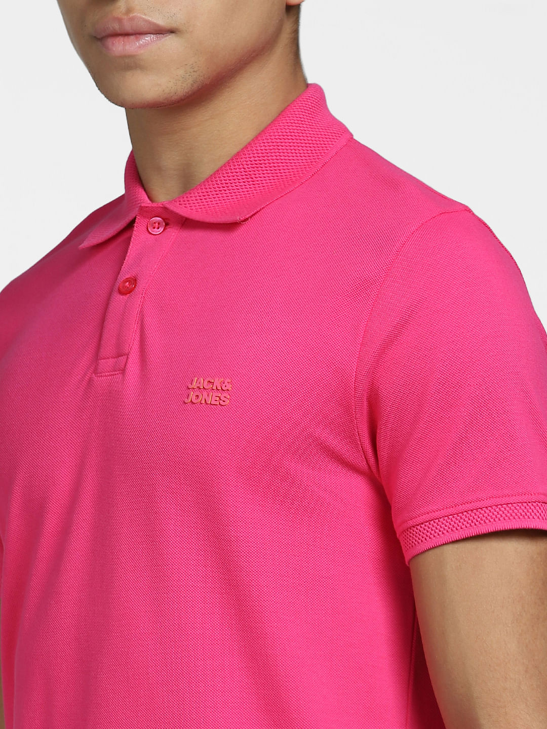 Bright Pink Logo Print Polo Neck T-shirt