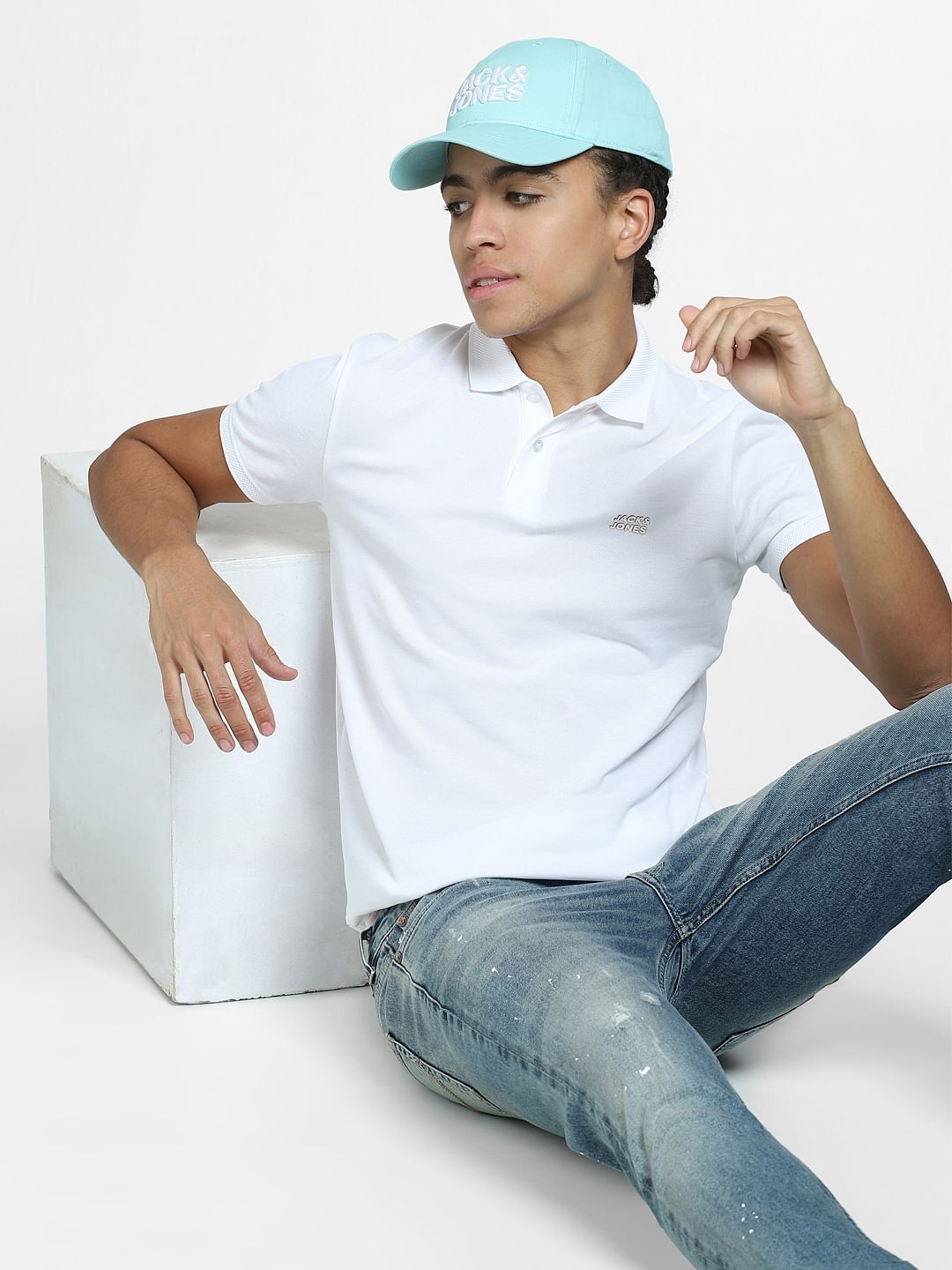 White Logo Print Polo Neck T-shirt - S
