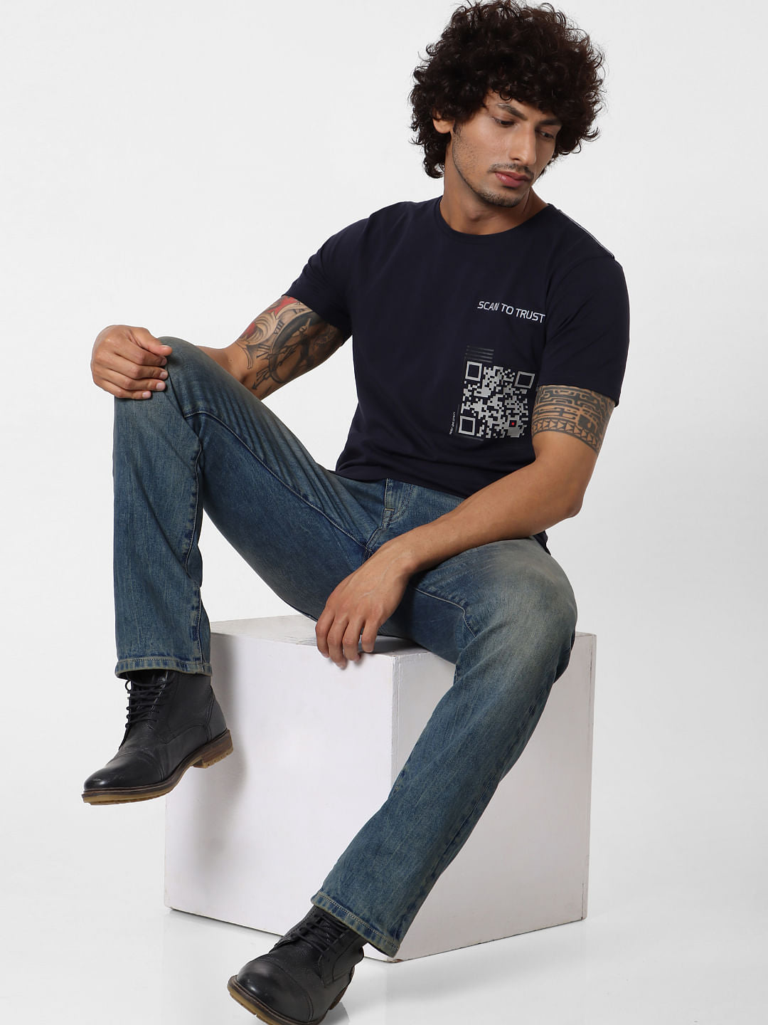 Navy Blue Scanner Print Crew Neck T-shirt - S