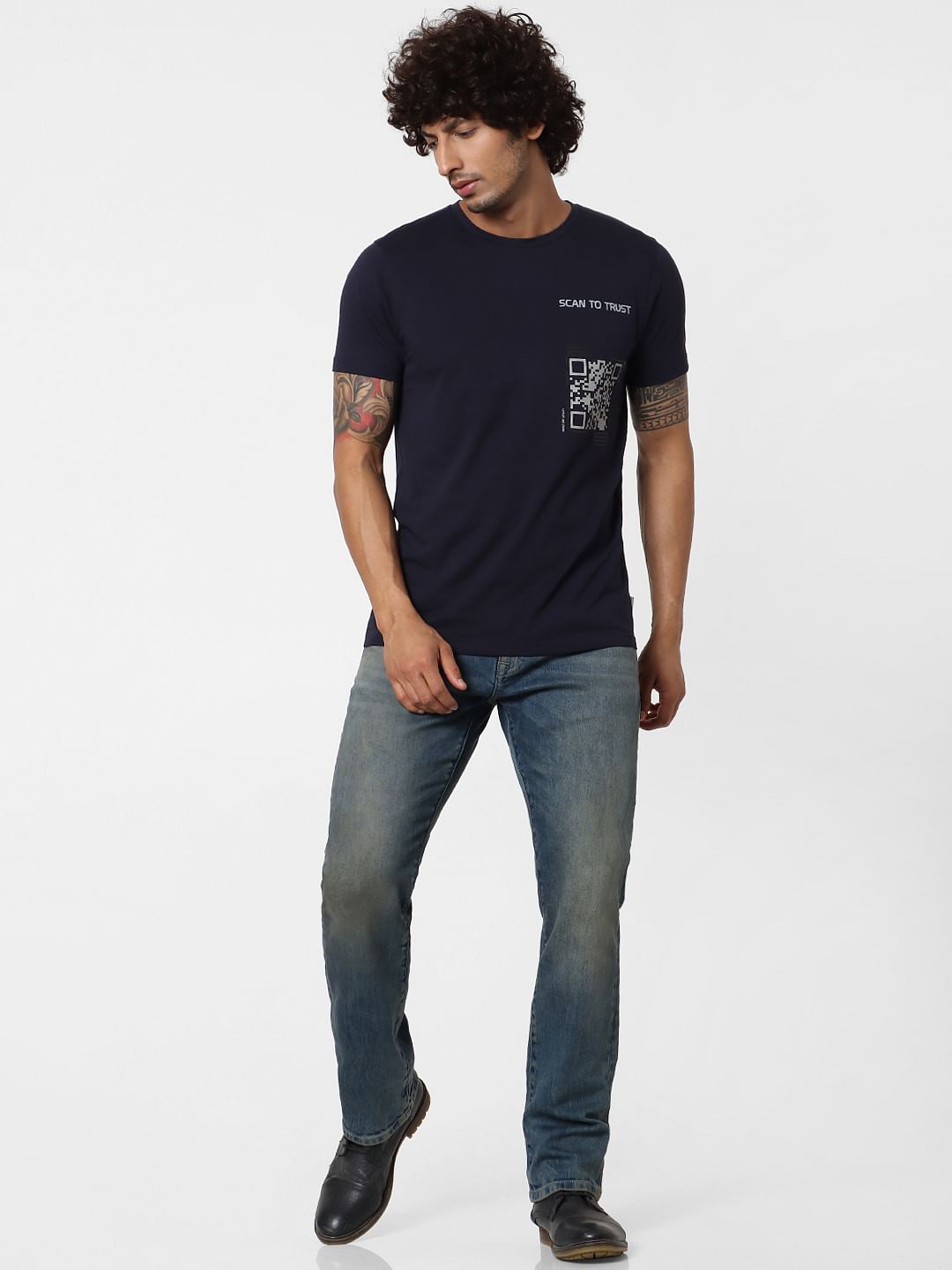 Navy Blue Scanner Print Crew Neck T-shirt