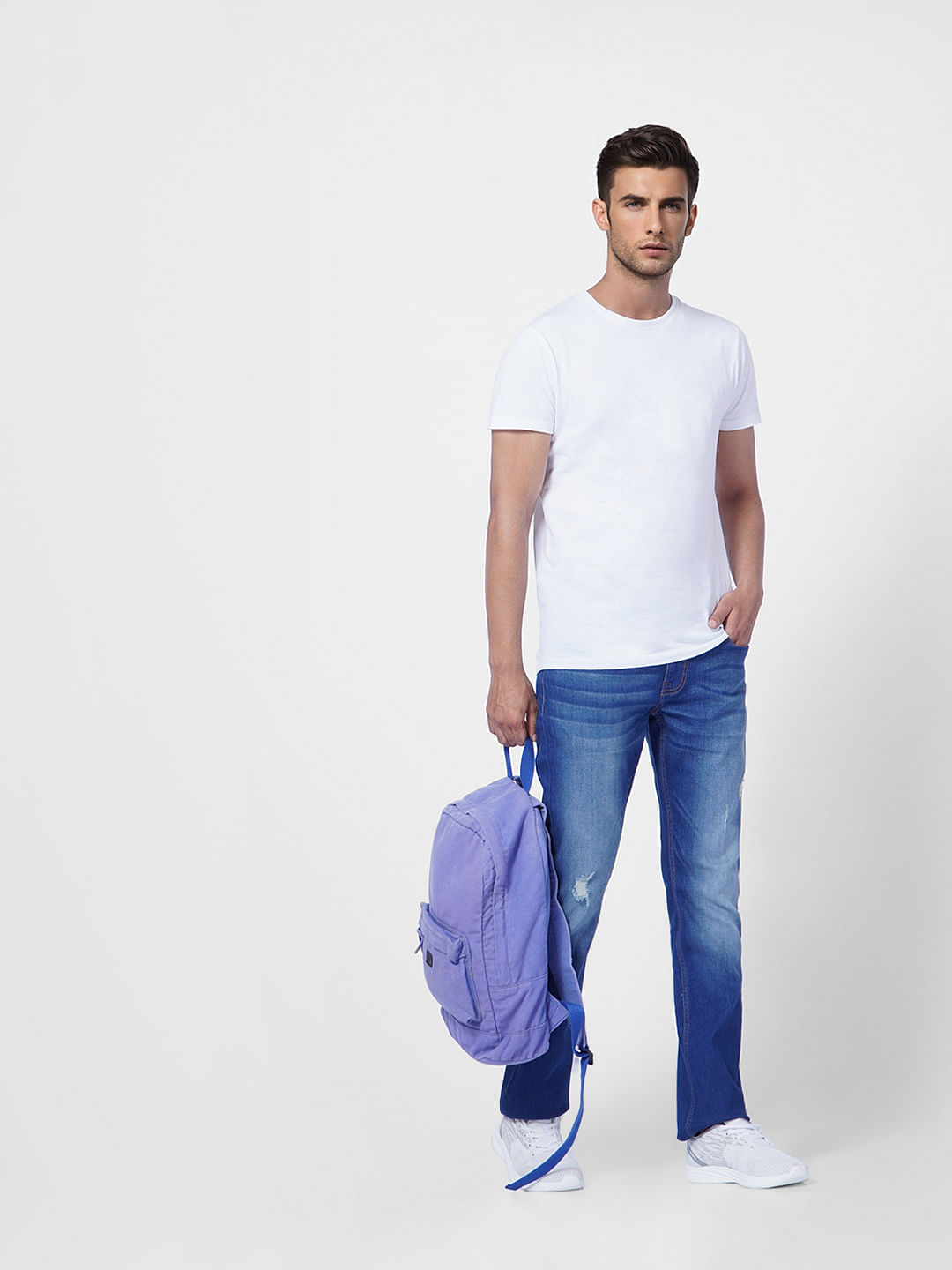 Blue Mid Rise Distressed Clark Regular Fit Jeans - 28/30
